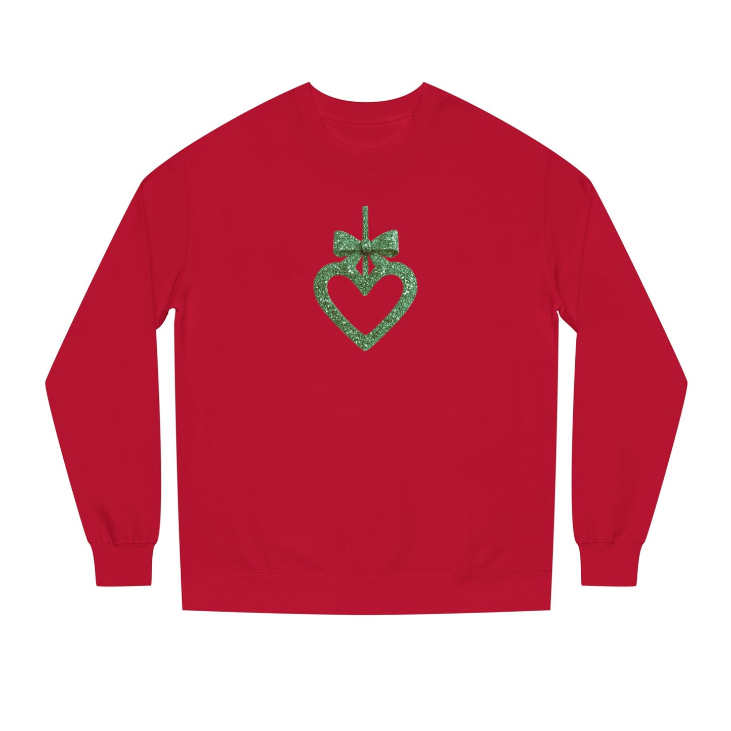 Red long-sleeve shirt with a green heart and bow design on a white background