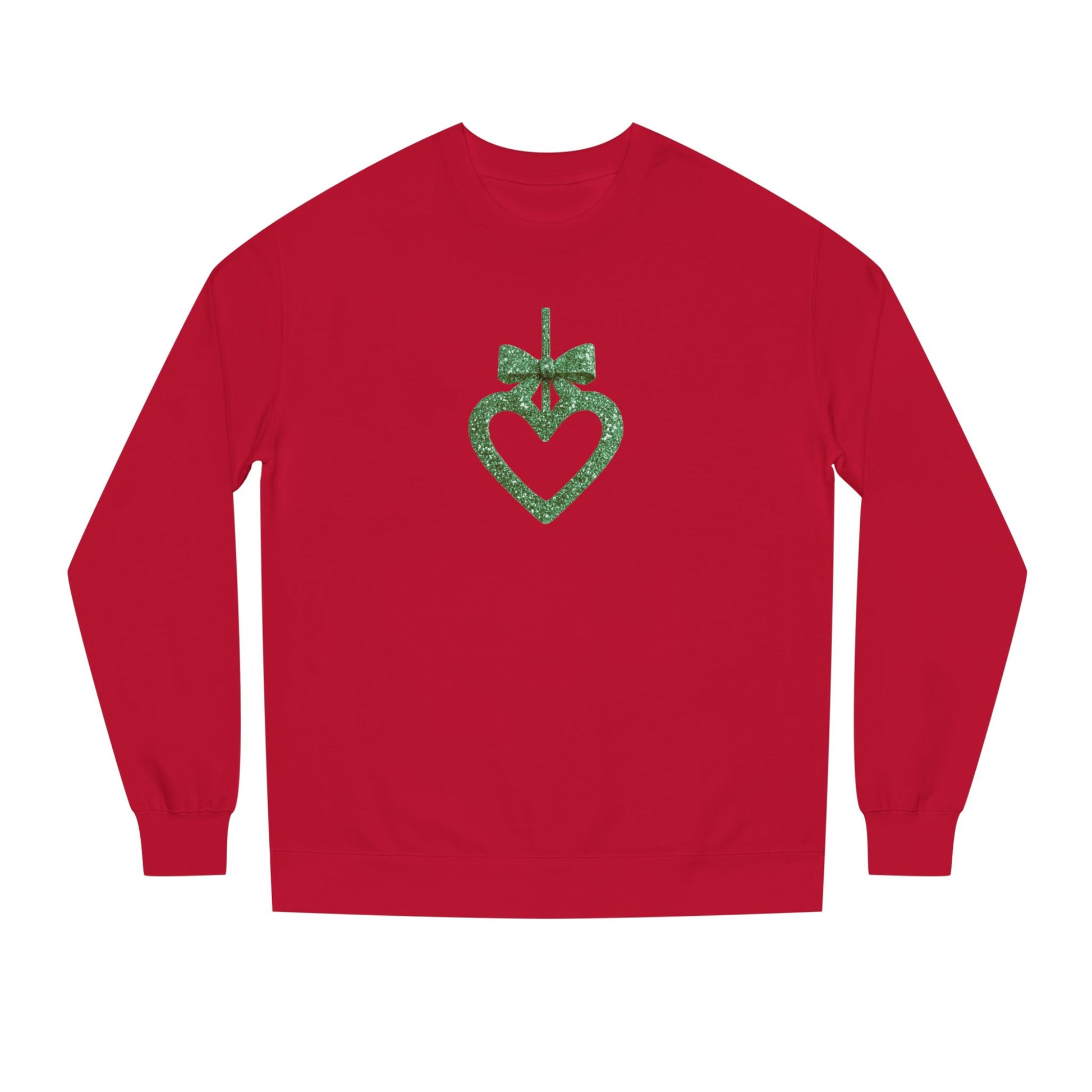 Red long-sleeve shirt with a green heart and bow design on a white background