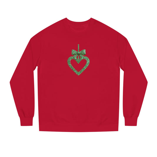 Red long-sleeve shirt with a green heart and bow design on a white background