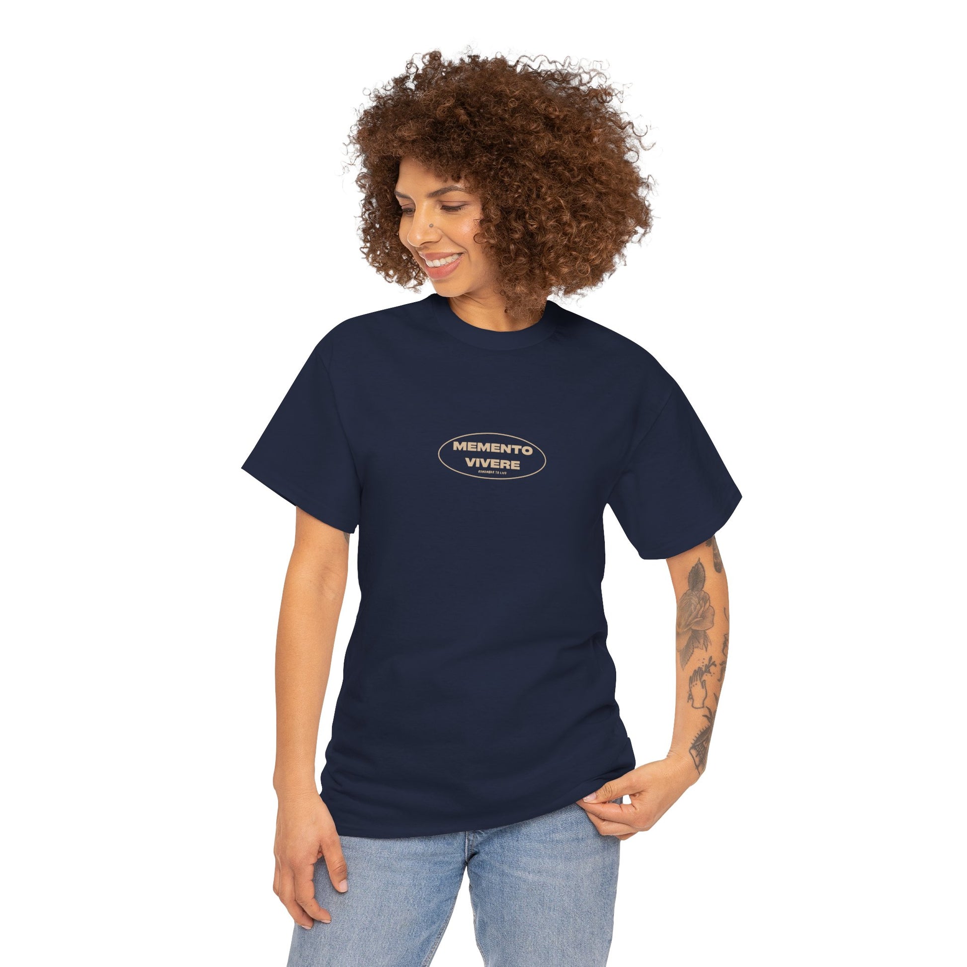 Woman wearing a navy blue t-shirt with 'Memento Viveris' logo on a white background
