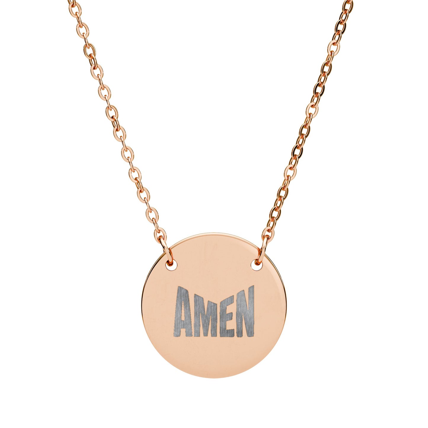 Rose gold necklace with a round pendant engraved with 'AMEN' on a white background