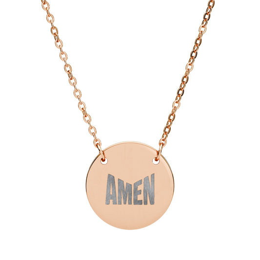 Rose gold necklace with a round pendant engraved with 'AMEN' on a white background