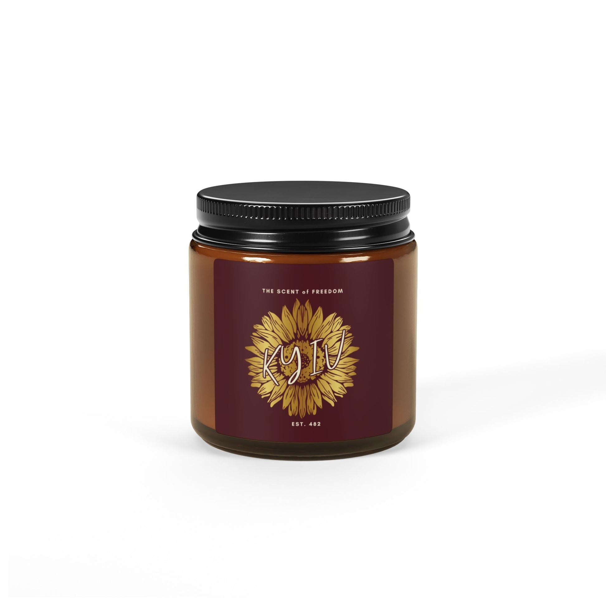 Candle jar with a sunflower KYIV design and text on a white background