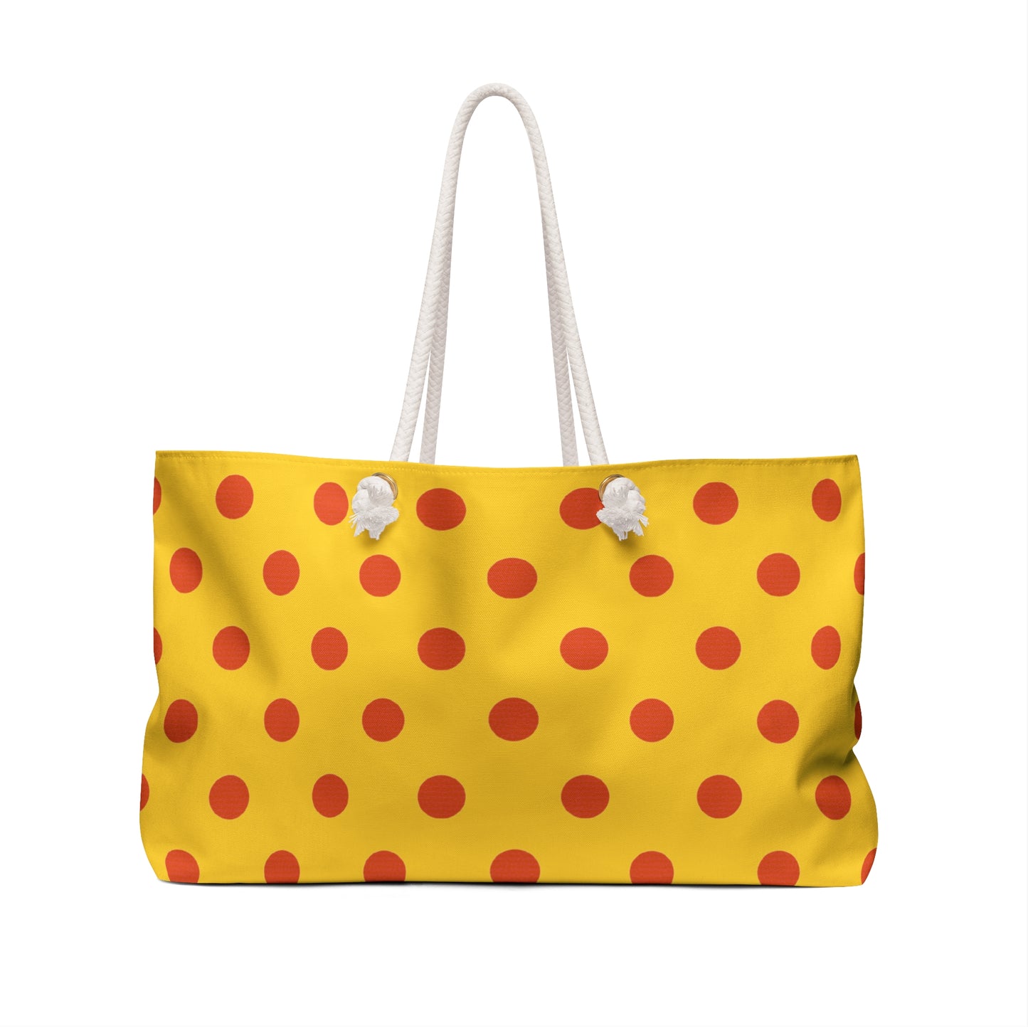 Yellow tote bag with red polka dots on a white background
