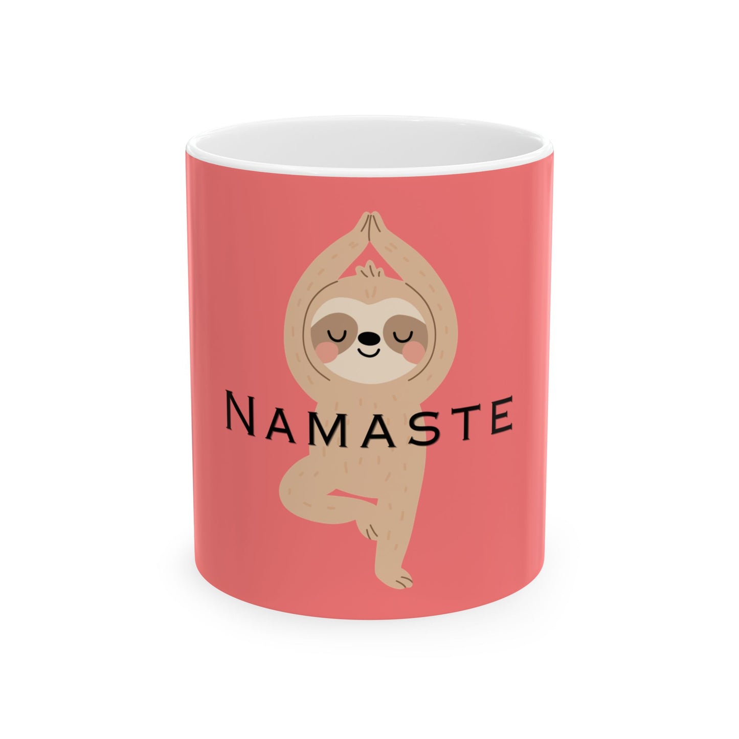 Pink mug with a sloth doing yoga and 'Namaste' text on a white background