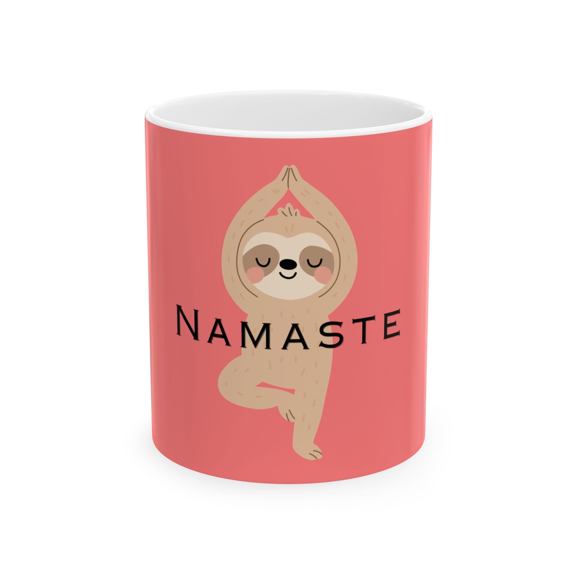 Pink mug with a sloth doing yoga and 'Namaste' text on a white background
