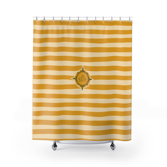 Shower curtain with yellow and white stripes and a logo on a white background