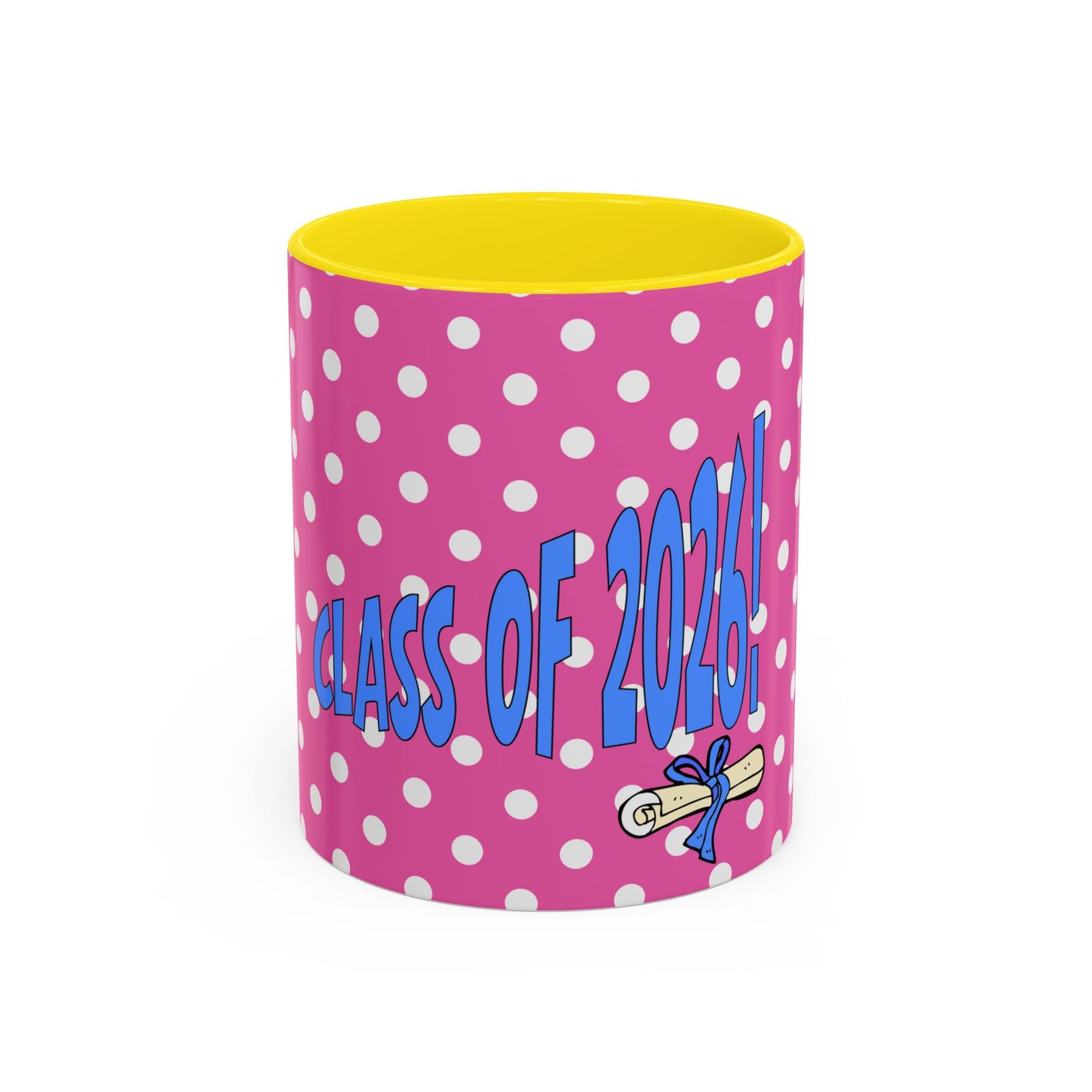 Pink polka dot can cooler with 'Class of 2023' text on a white background