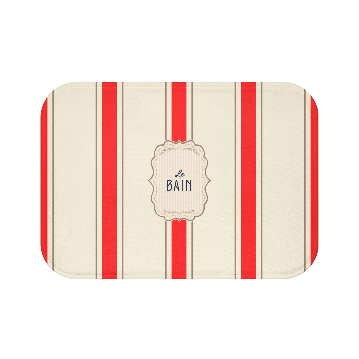 Rectangular bath mat with red stripes and 'Le Bain' text on a white background