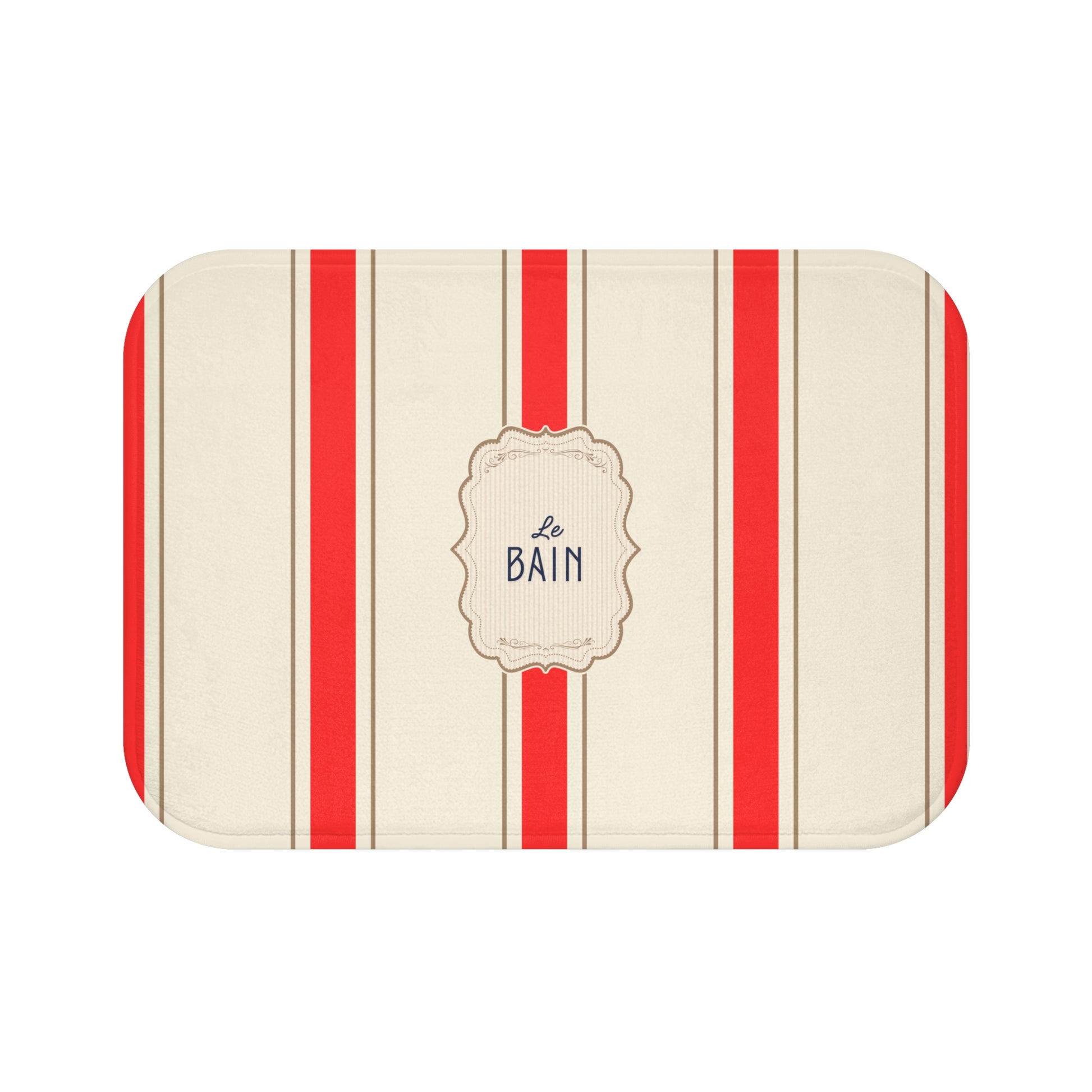 Rectangular bath mat with red stripes and 'Le Bain' text on a white background
