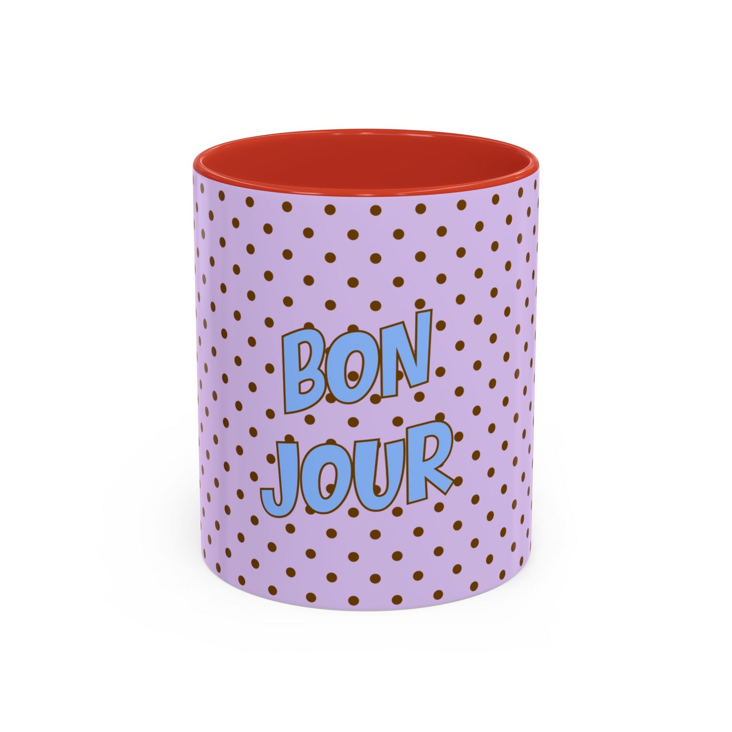 Purple mug with brown polka dots and red interior, featuring 'Bonjour' text.