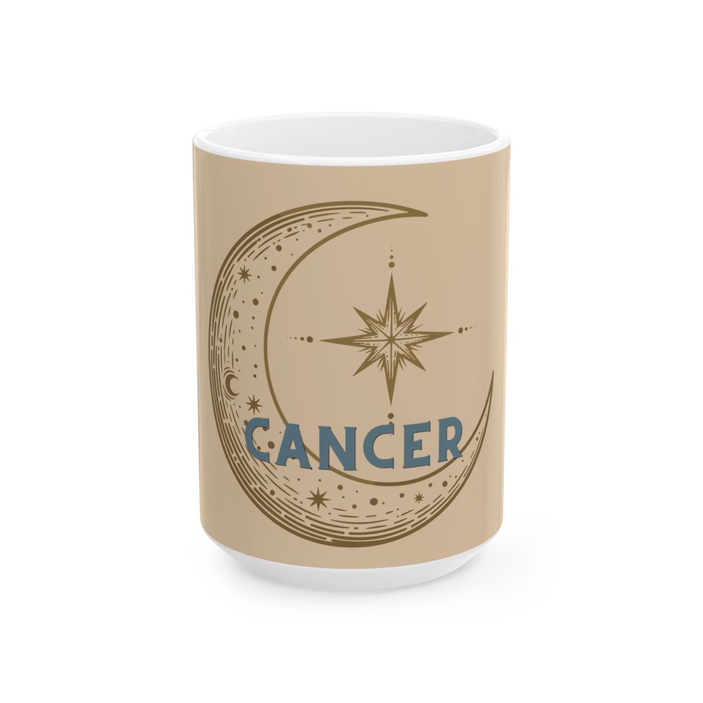 Mug with 'Cancer' design featuring a moon and star on a beige background