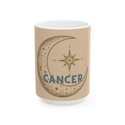 Mug with 'Cancer' design featuring a moon and star on a beige background