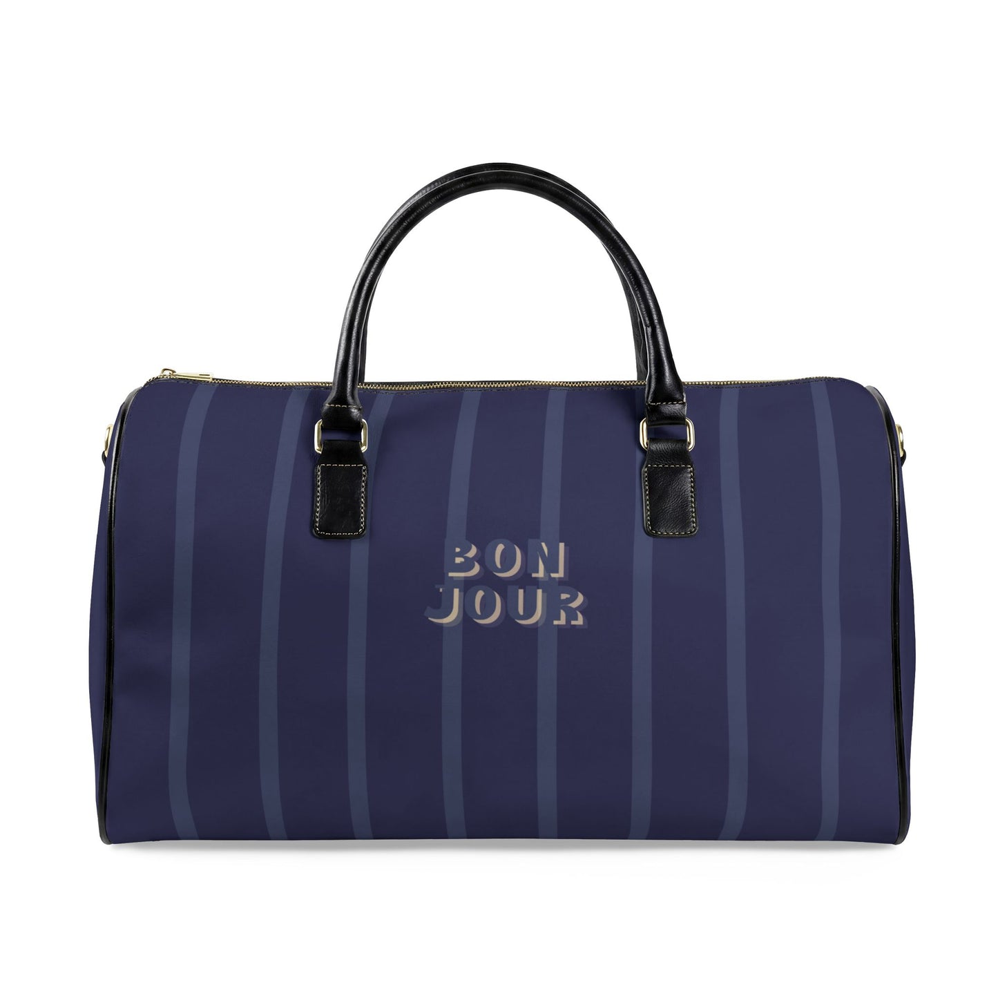 Navy blue duffel bag with 'BON JOUR' text on a white background