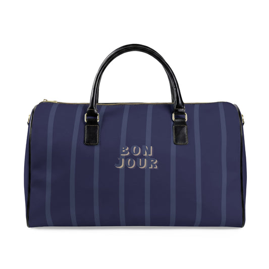 Navy blue duffel bag with 'BON JOUR' text on a white background