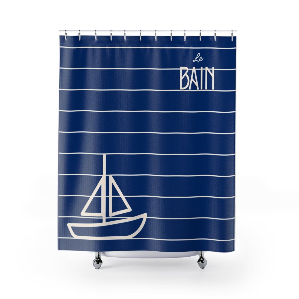 Nautical Blue 'Le Bain' Shower Curtain — Striped Sailboat Bathroom Decor