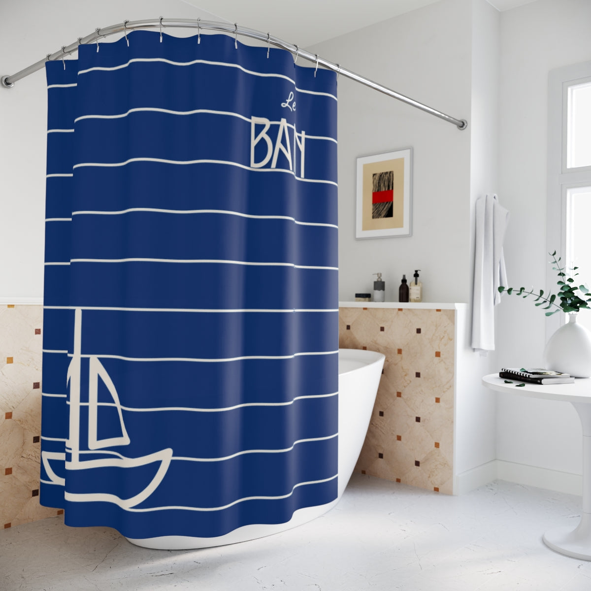 Nautical Blue 'Le Bain' Shower Curtain — Striped Sailboat Bathroom Decor