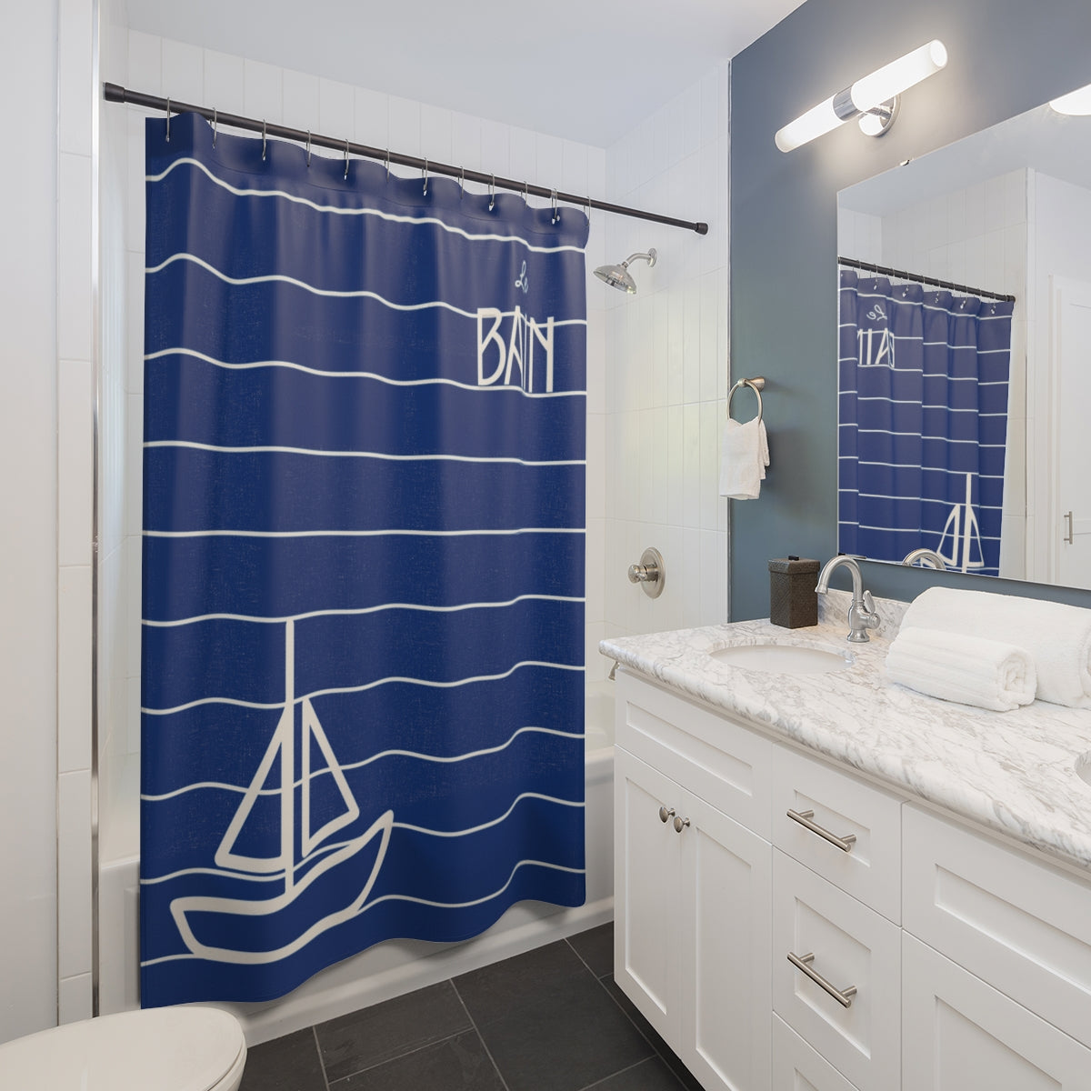 Nautical Blue 'Le Bain' Shower Curtain — Striped Sailboat Bathroom Decor