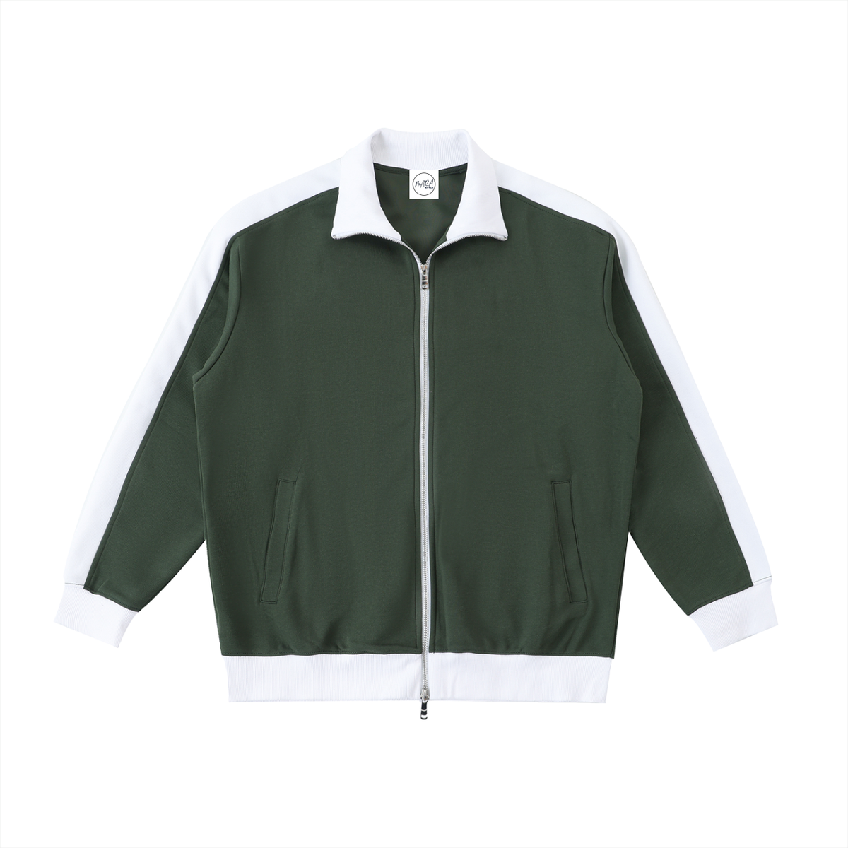 Green tracksuit jacket with white accents on a white background