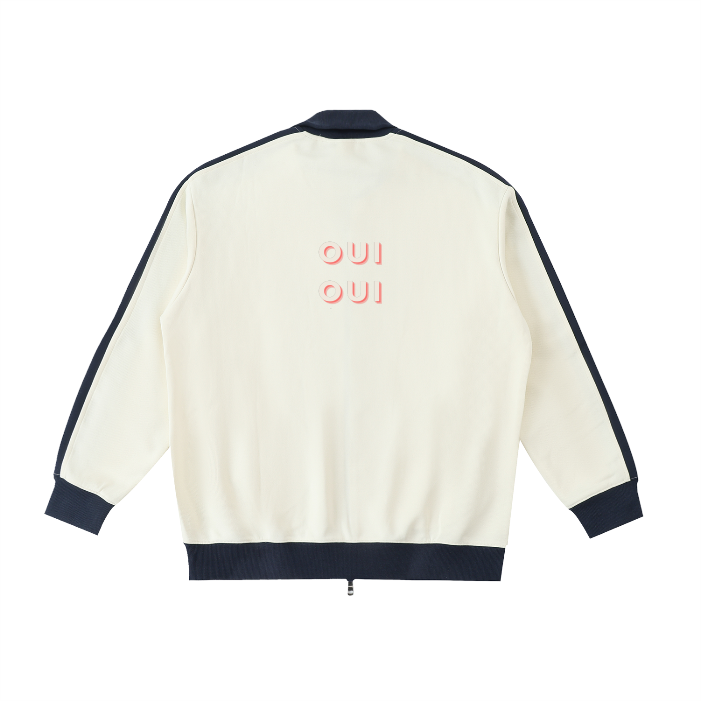 White jacket with black trim and 'Great a Manner' text on the back against a white background