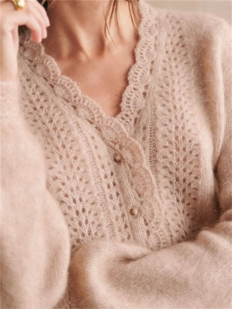 Romantic Crochet V-Neck Cardigan with Puff Sleeves | Fall Knits