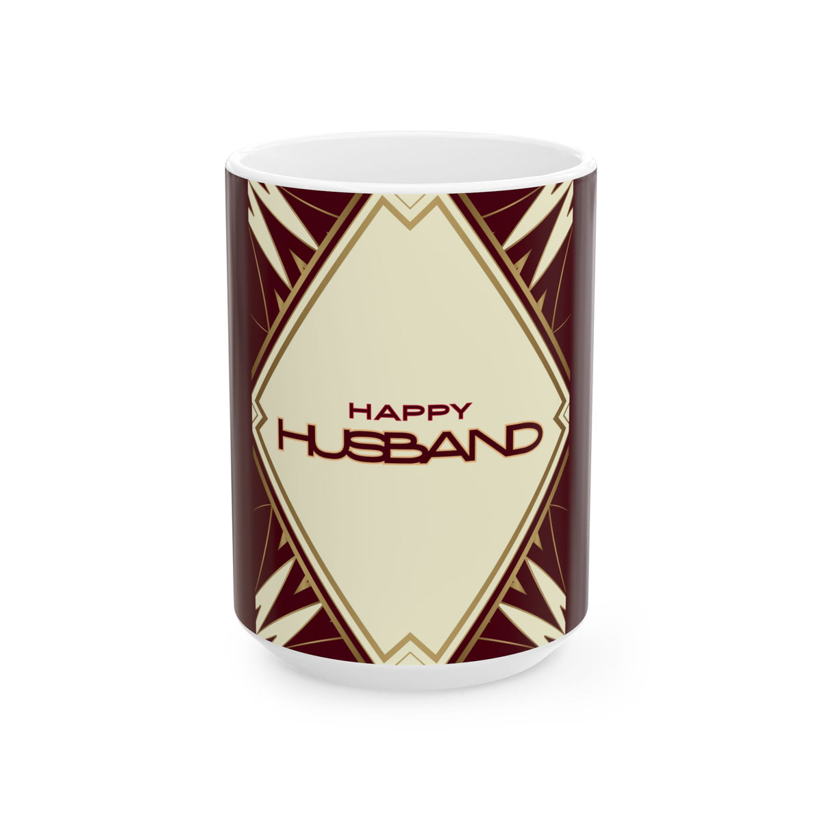 A white ceramic mug featuring an Art Deco style design with a cream-colored central diamond, gold geometric borders, and dark burgundy side panels. The text 'HAPPY HUSBAND' is printed in the center in the same dark burgundy color.