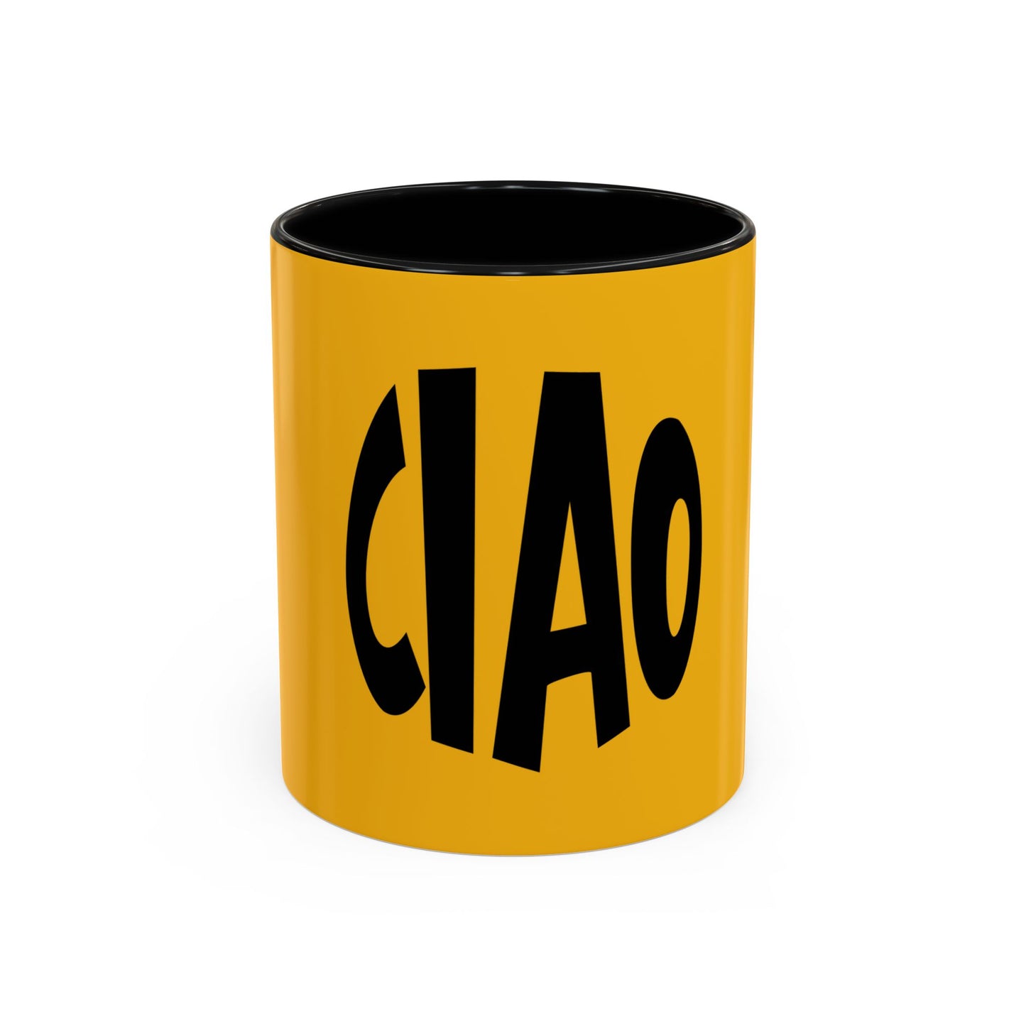 Yellow mug with black interior and 'CIAO' text on a white background