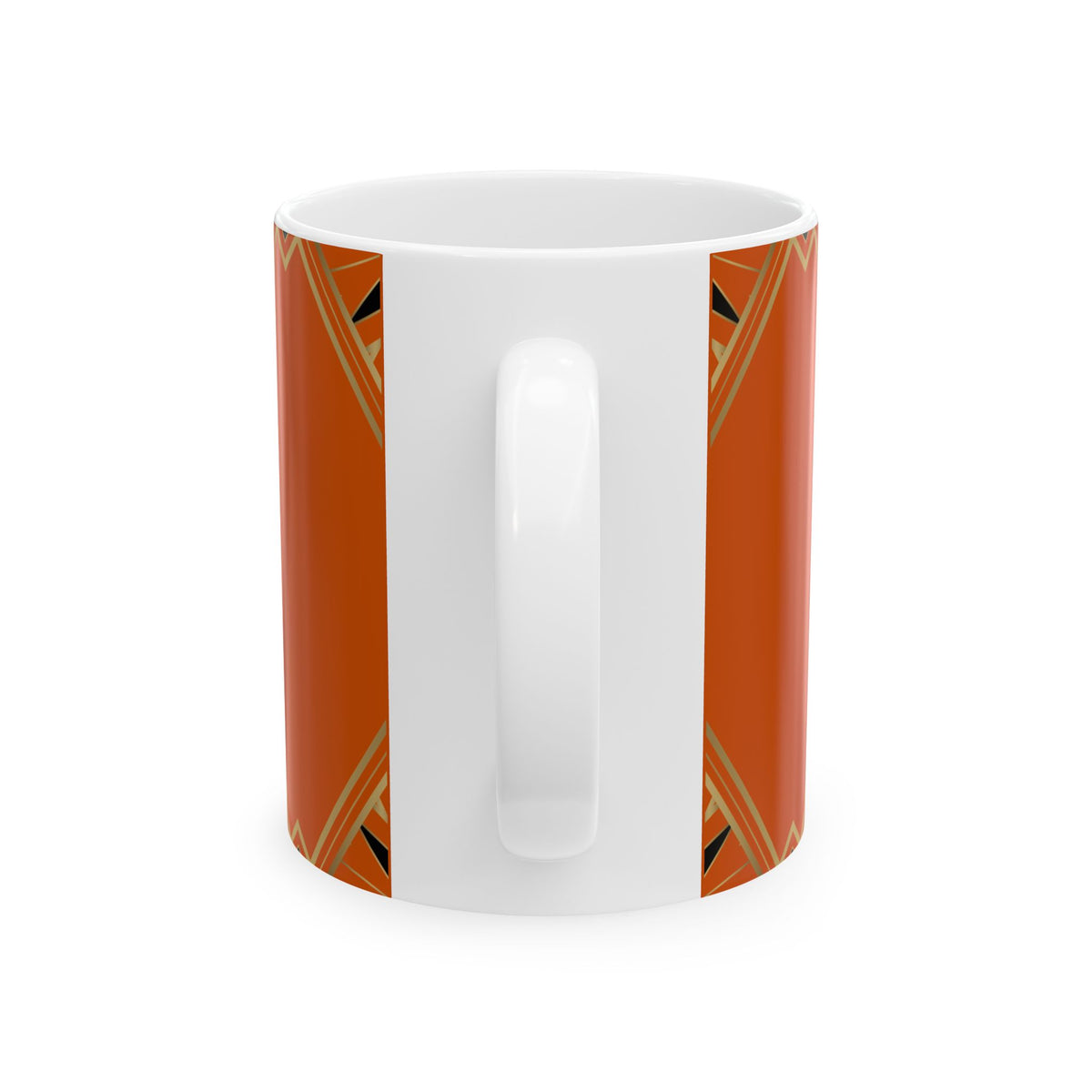 A white ceramic mug with a geometric orange and gold pattern on the sides, shown from a side profile view against a white background.