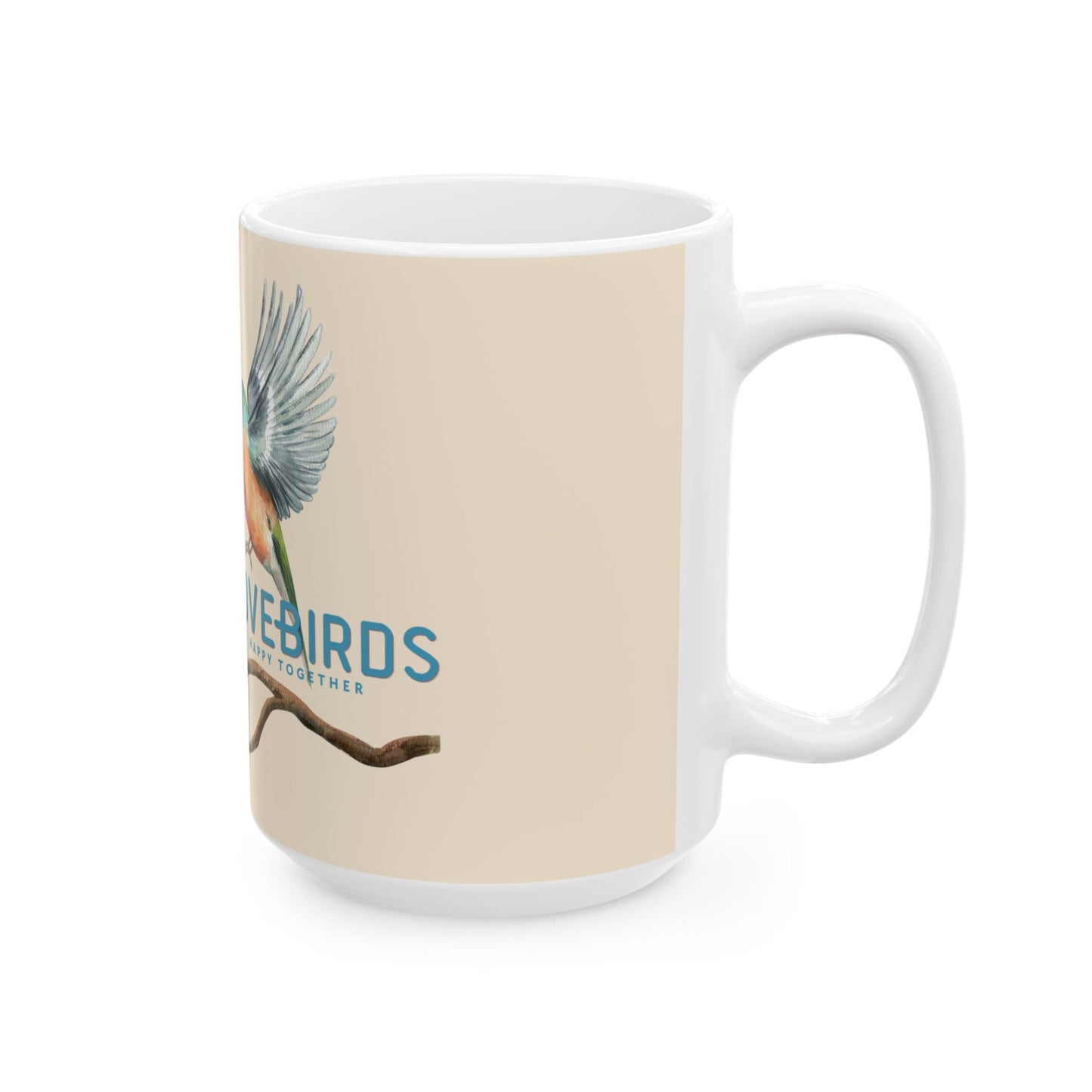 Couples Ceramic Mug — Lovebirds Vintage Bird Illustration Coffee Cup
