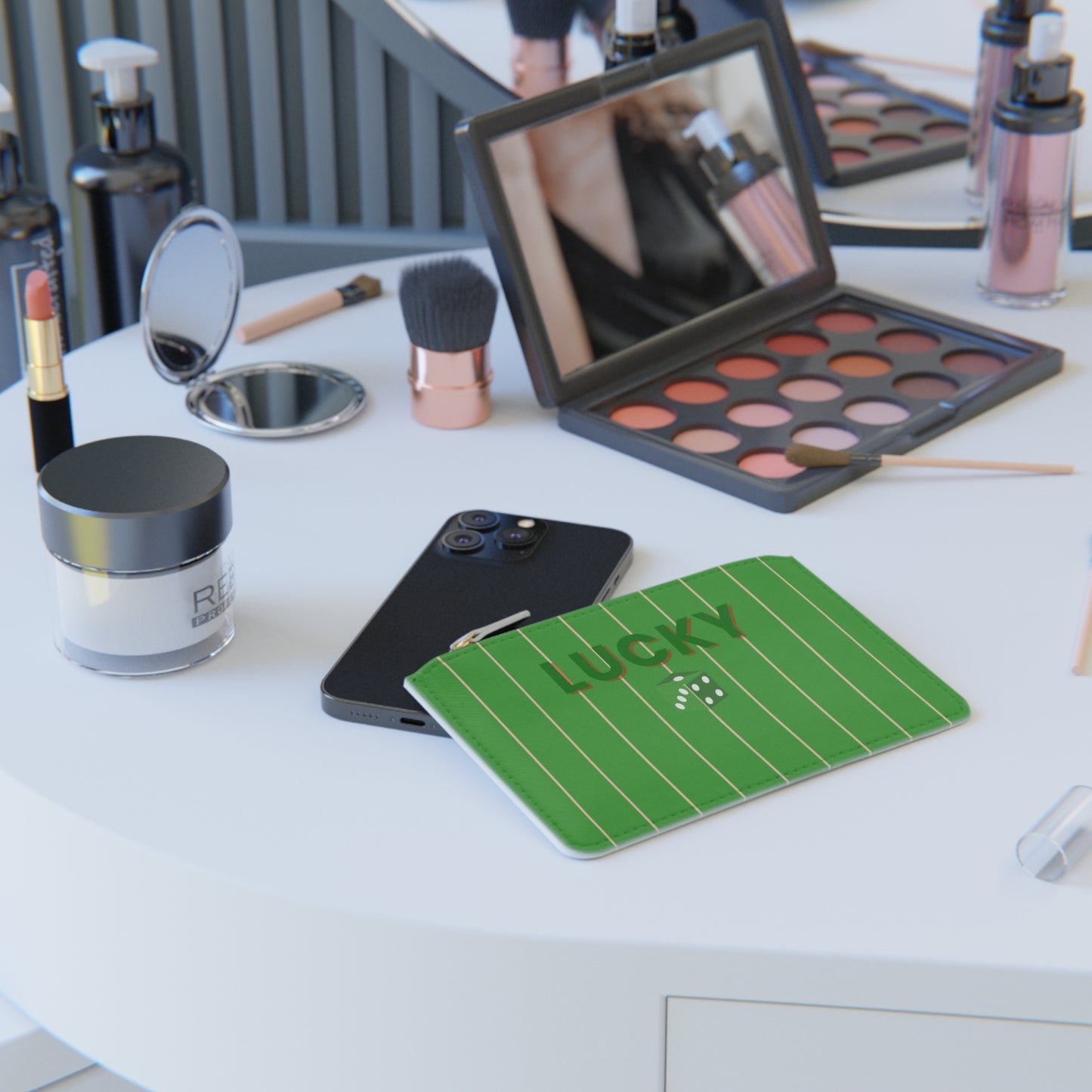Makeup products and tools on a table with a green mouse pad displaying 'LUCKY'.