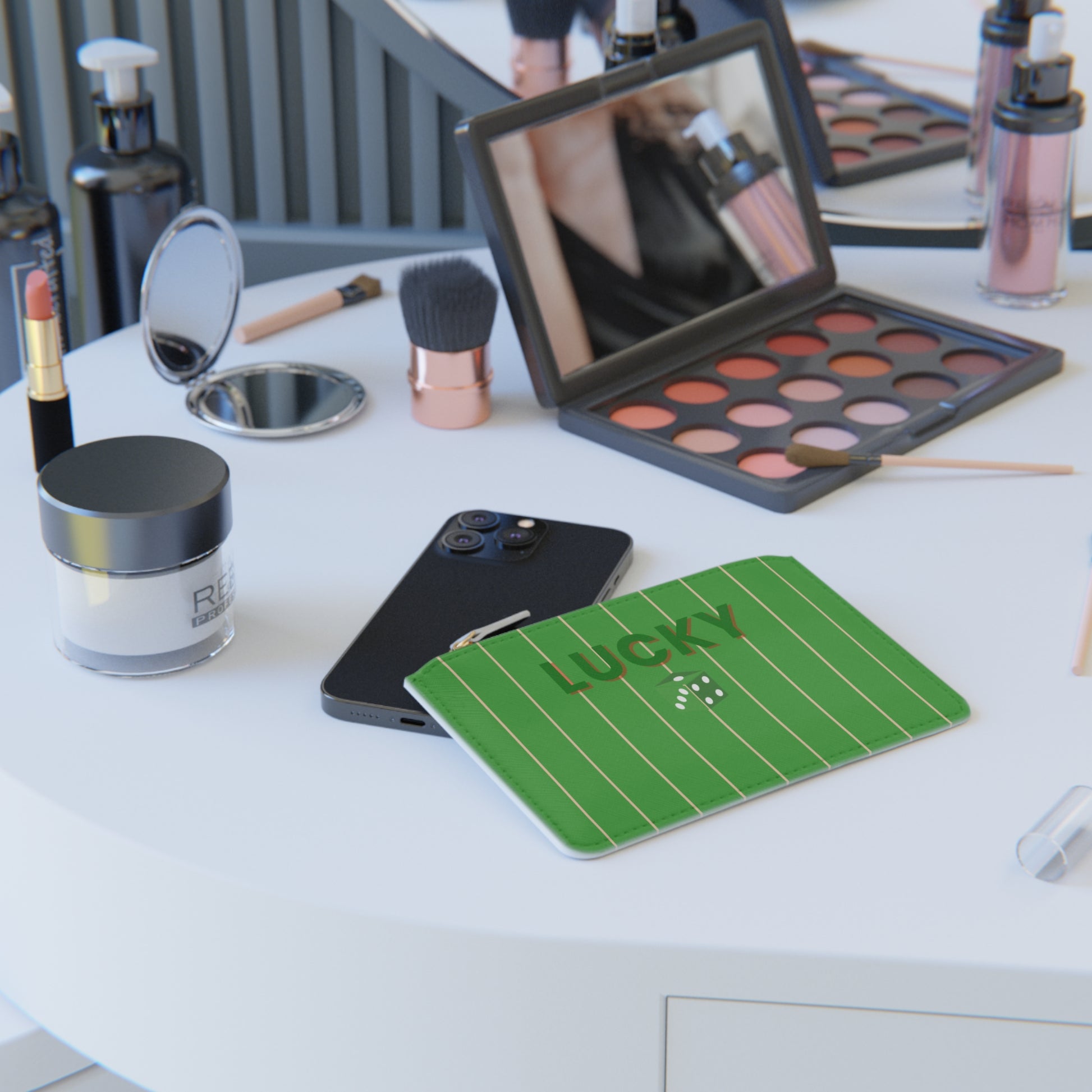 Makeup products and tools on a table with a green mouse pad displaying 'LUCKY'.
