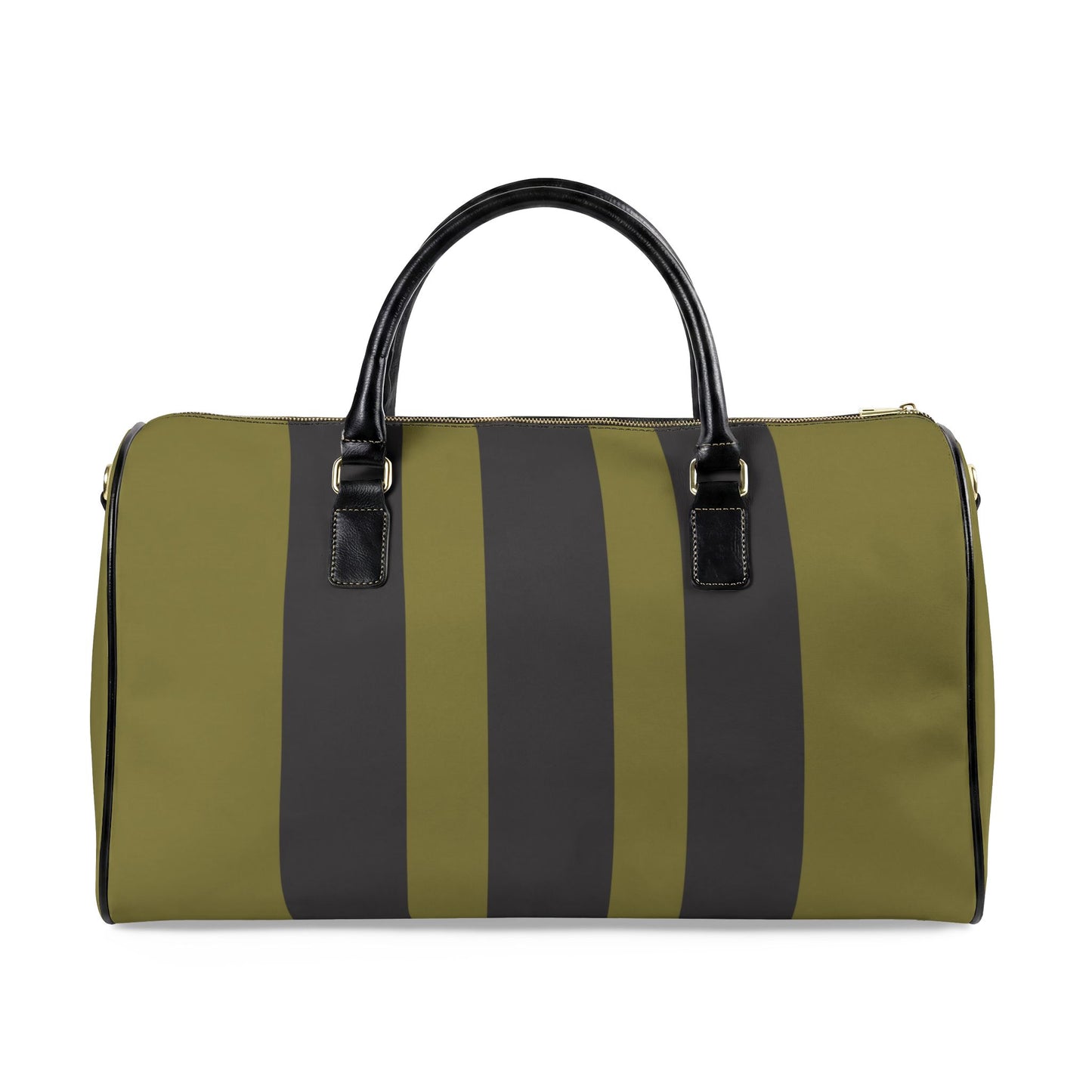 Green and black striped duffel bag on a white background