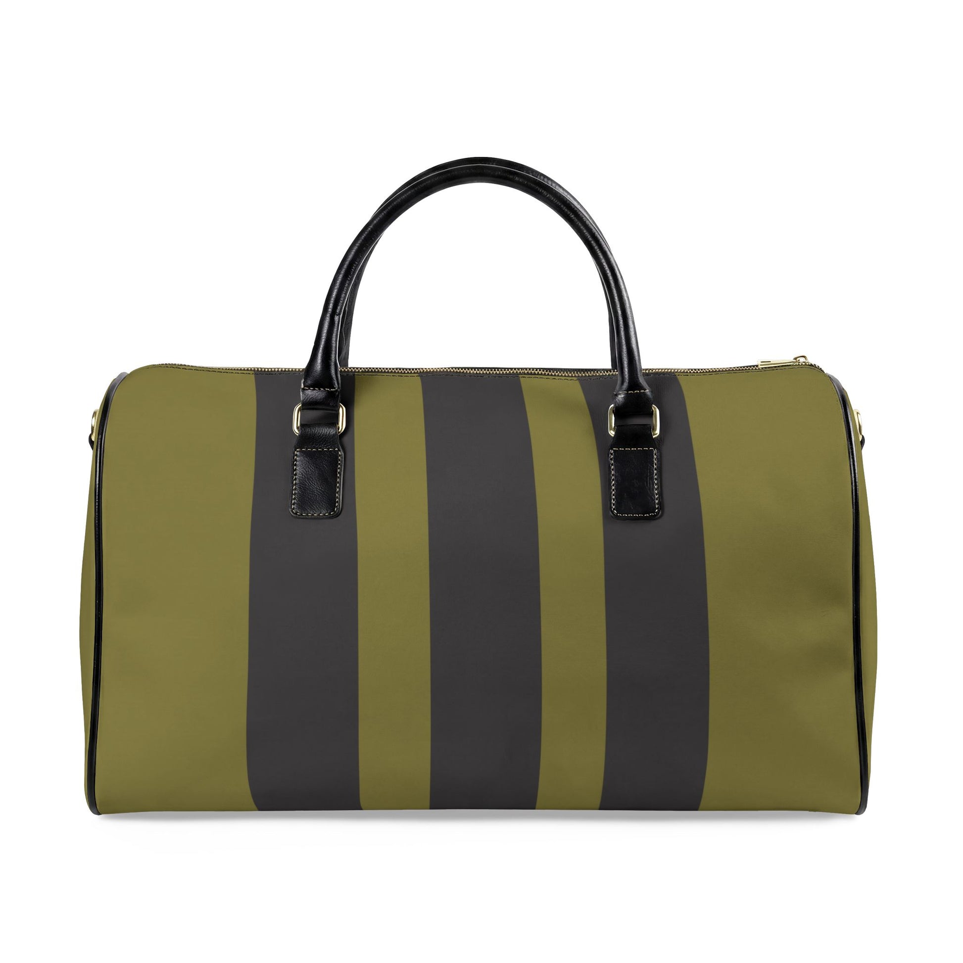Green and black striped duffel bag on a white background