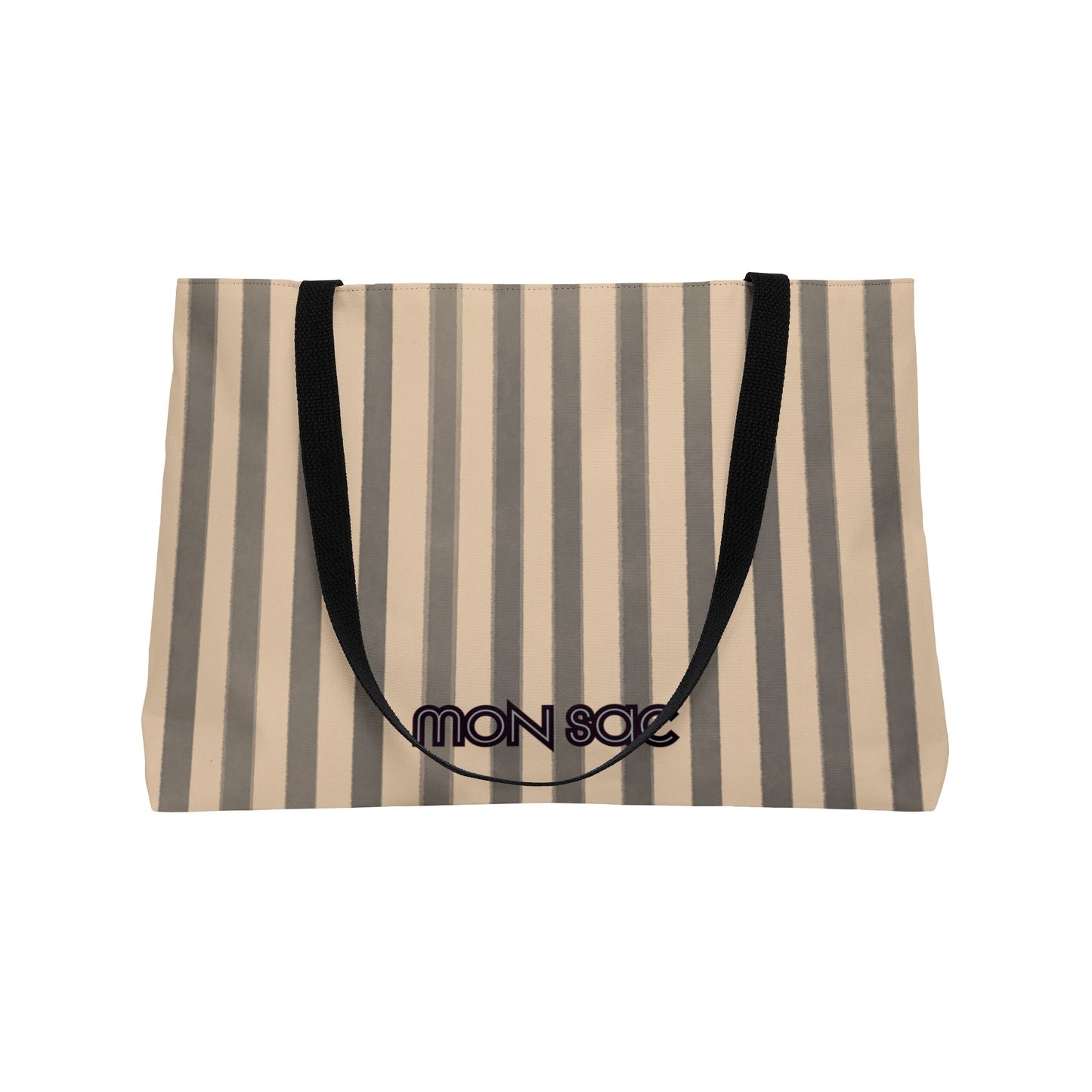 Striped tote bag with 'mon sac' branding on a white background