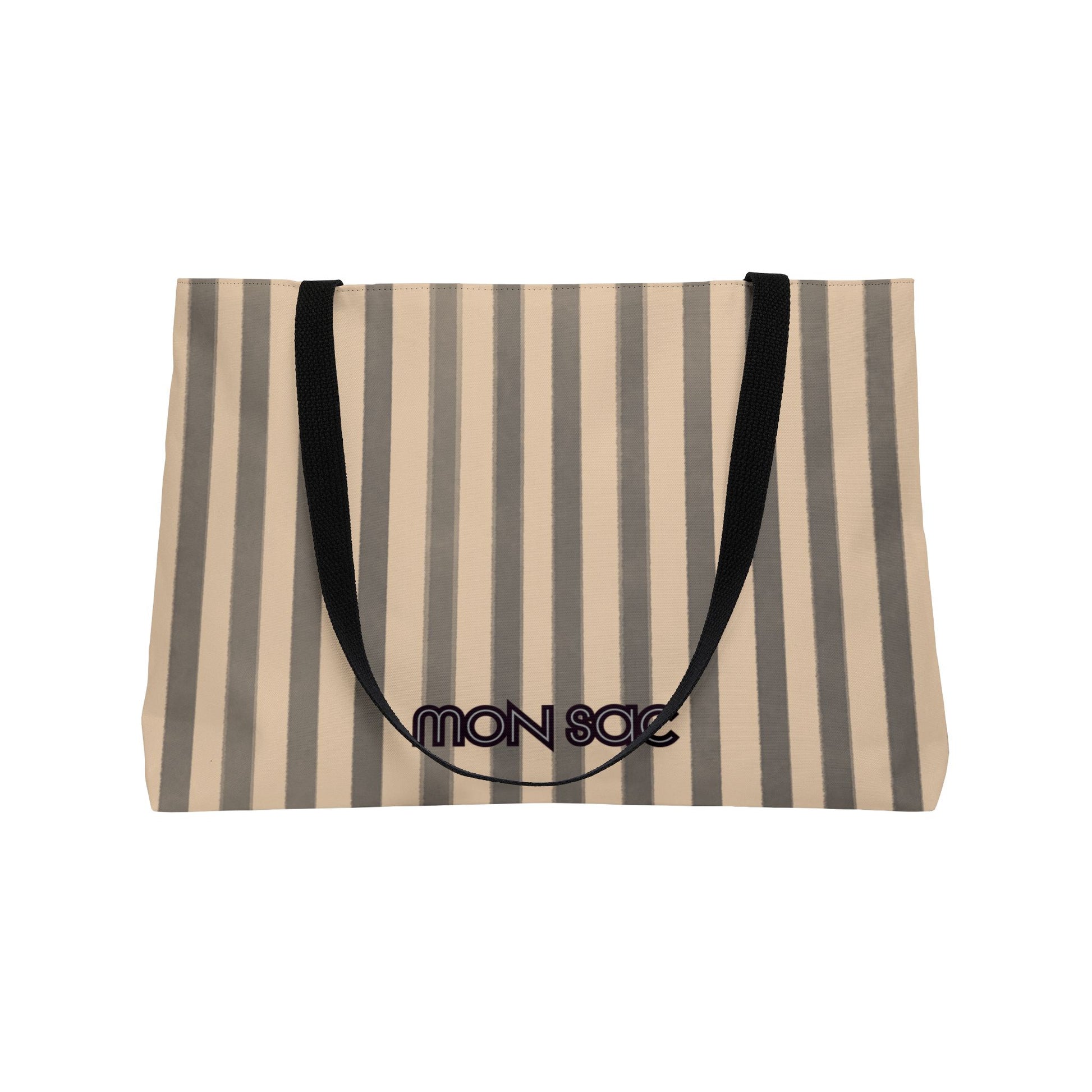 Striped tote bag with 'mon sac' branding on a white background