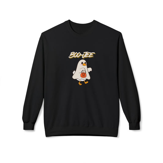 Black sweatshirt with a ghost graphic and 'BOO-JEE' text on a white background
