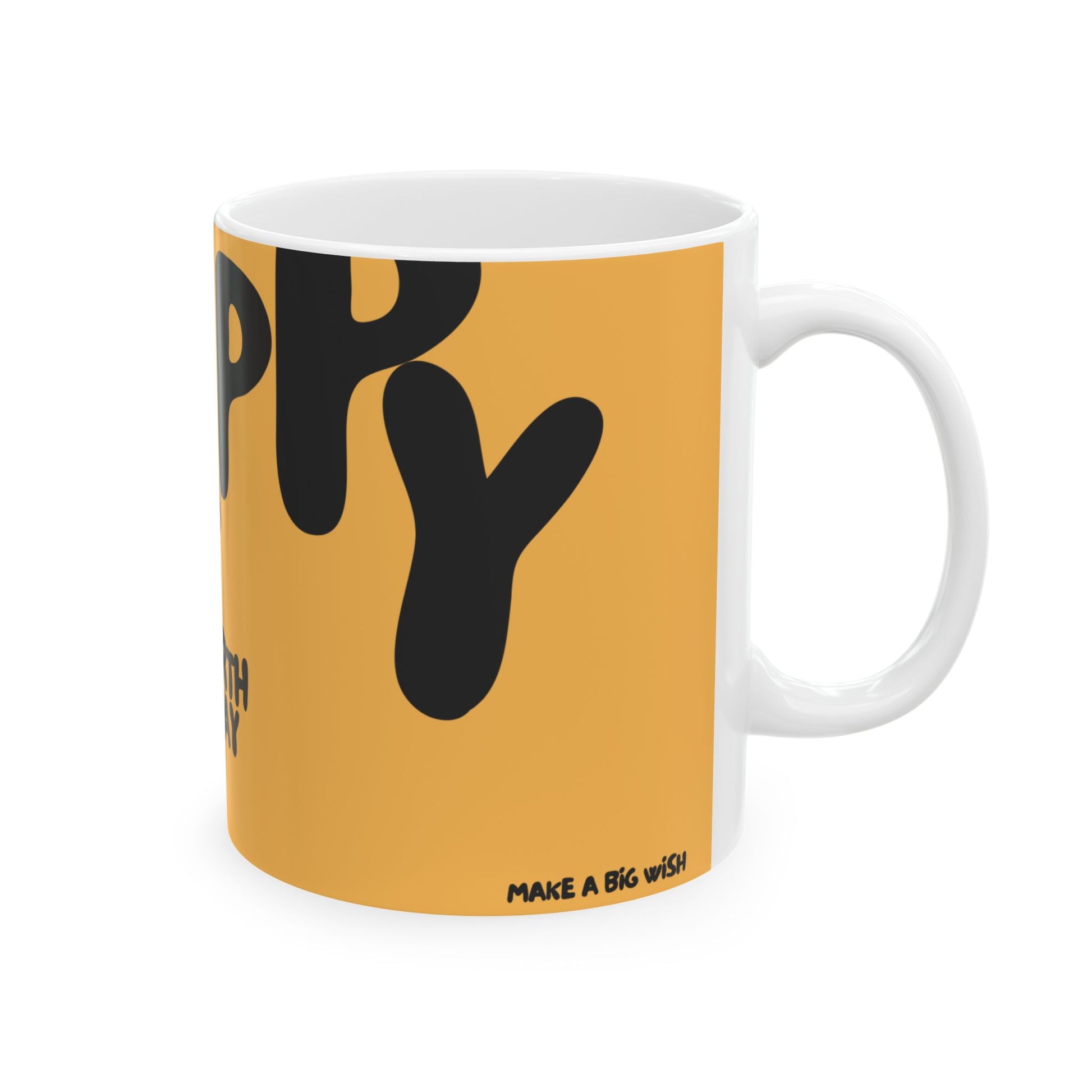Mug with yellow background and black text on a white background