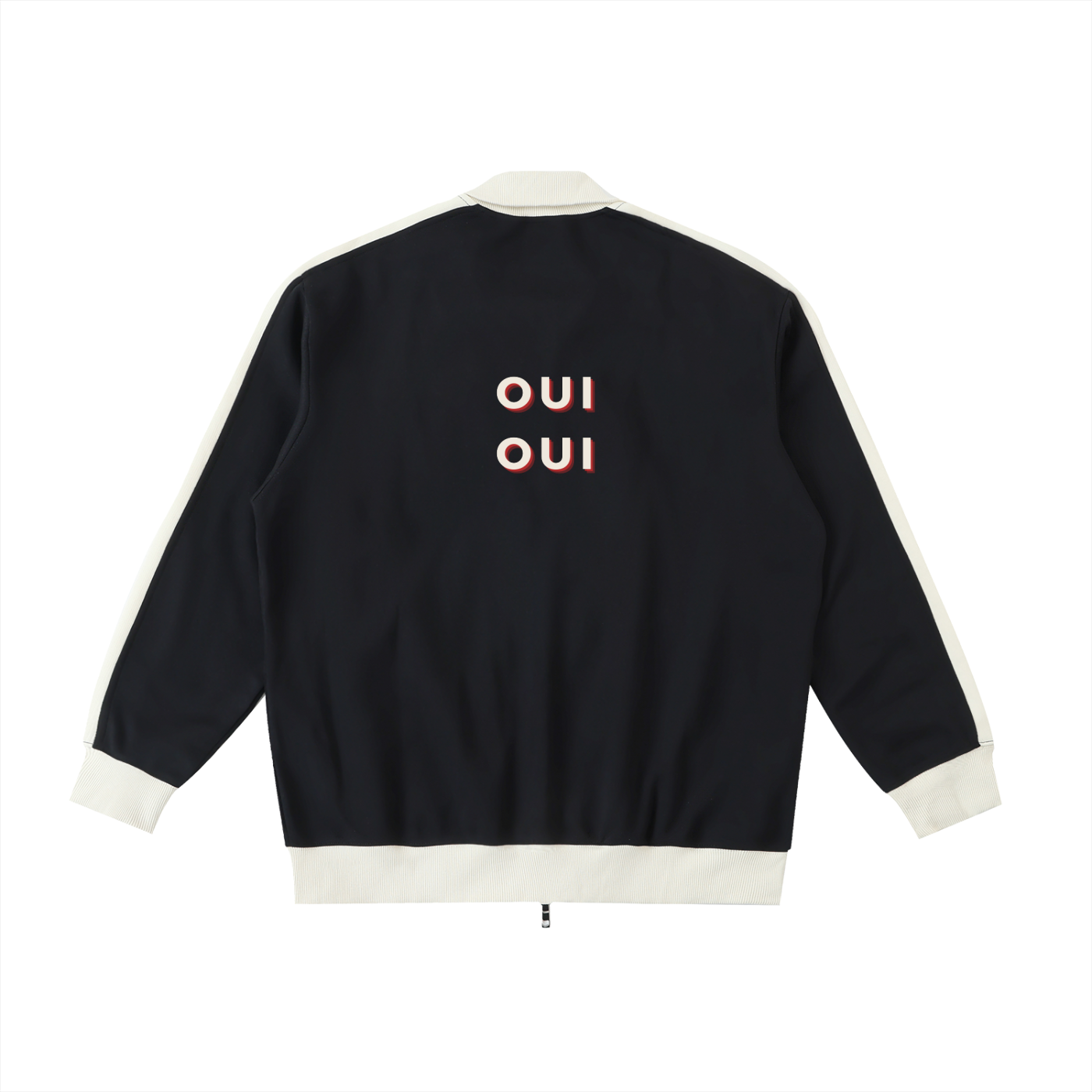The back of a black bomber jacket with cream ribbed trim and cuffs, featuring the word 'OUI' printed in white with a red and blue 3D offset effect.