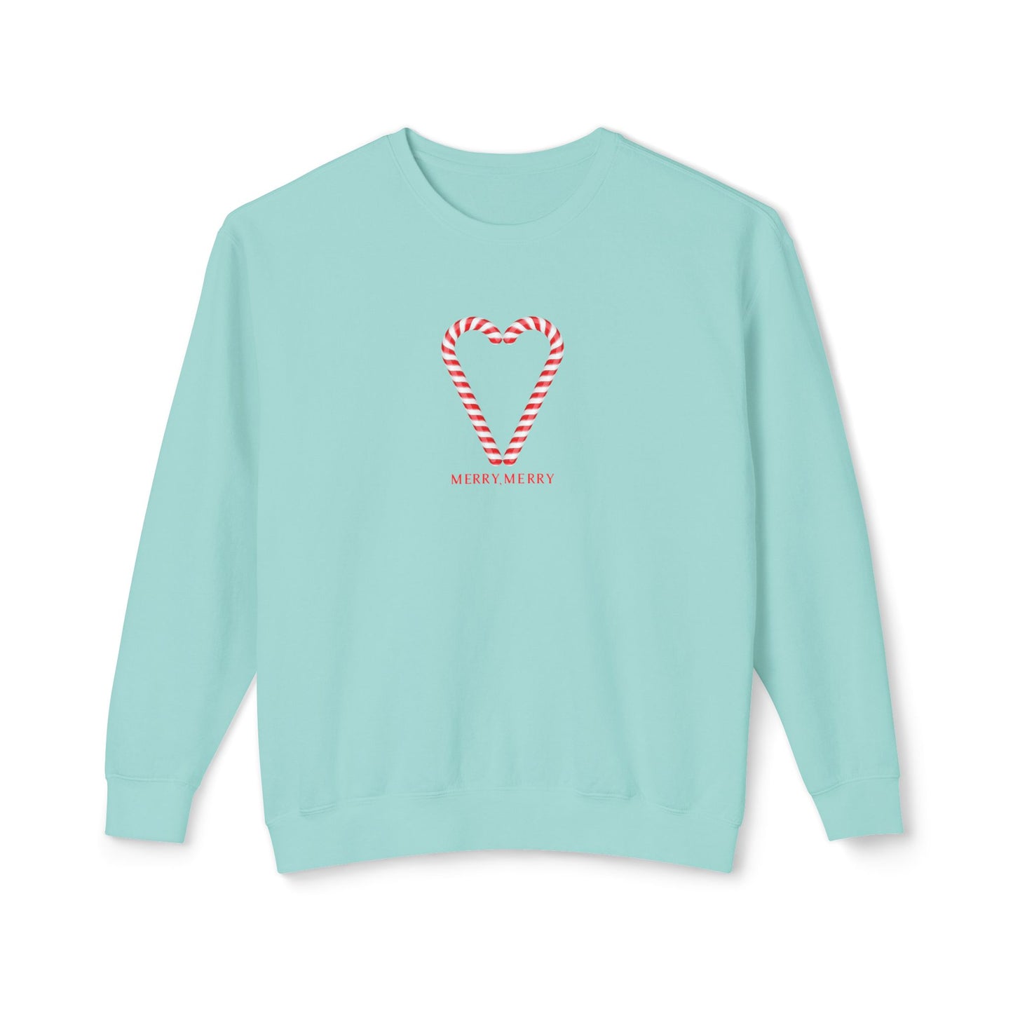 Light blue sweatshirt with candy cane heart design and 'Merry Merry' text on a white background