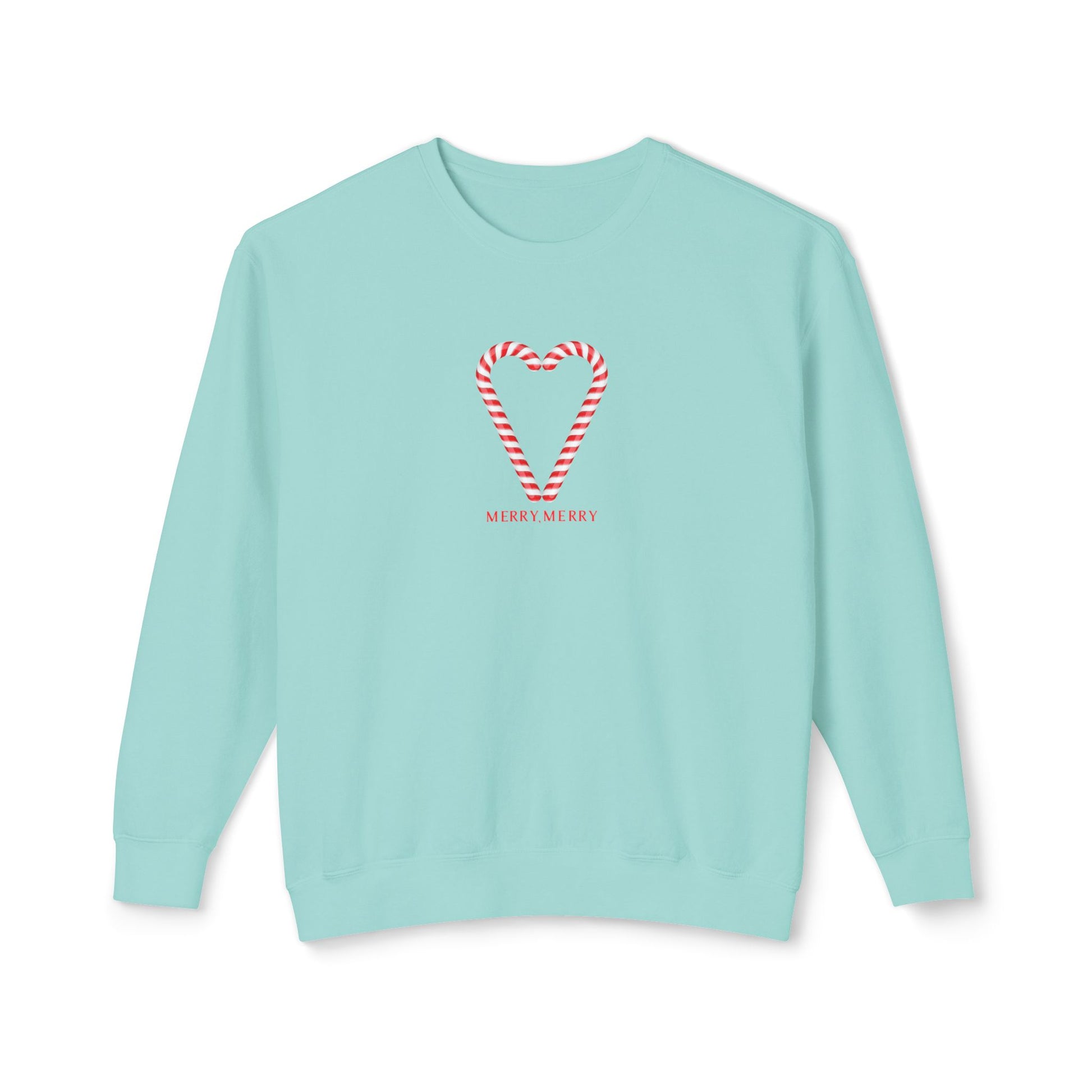 Light blue sweatshirt with candy cane heart design and 'Merry Merry' text on a white background