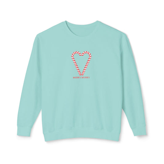 Light blue sweatshirt with candy cane heart design and 'Merry Merry' text on a white background