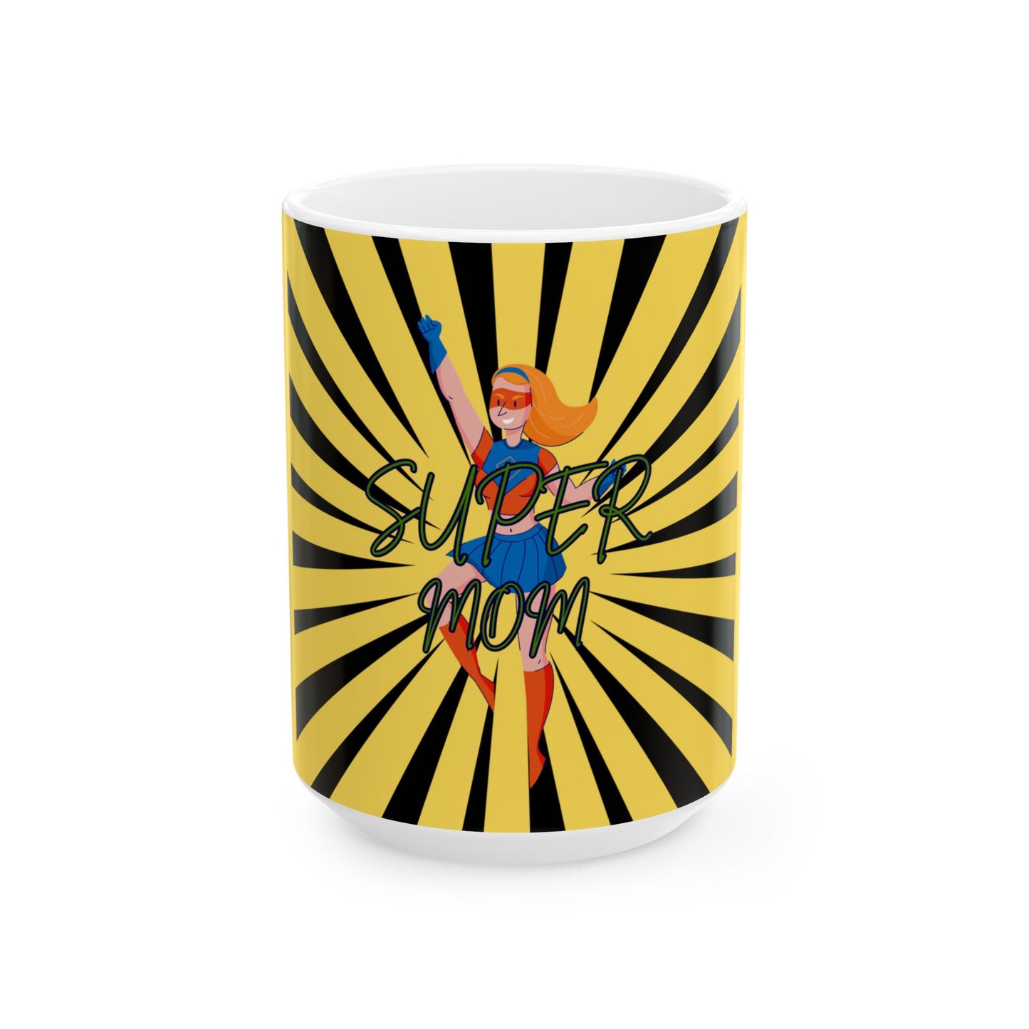 Mug with superhero design and 'Super Mom' text on a yellow and black striped background