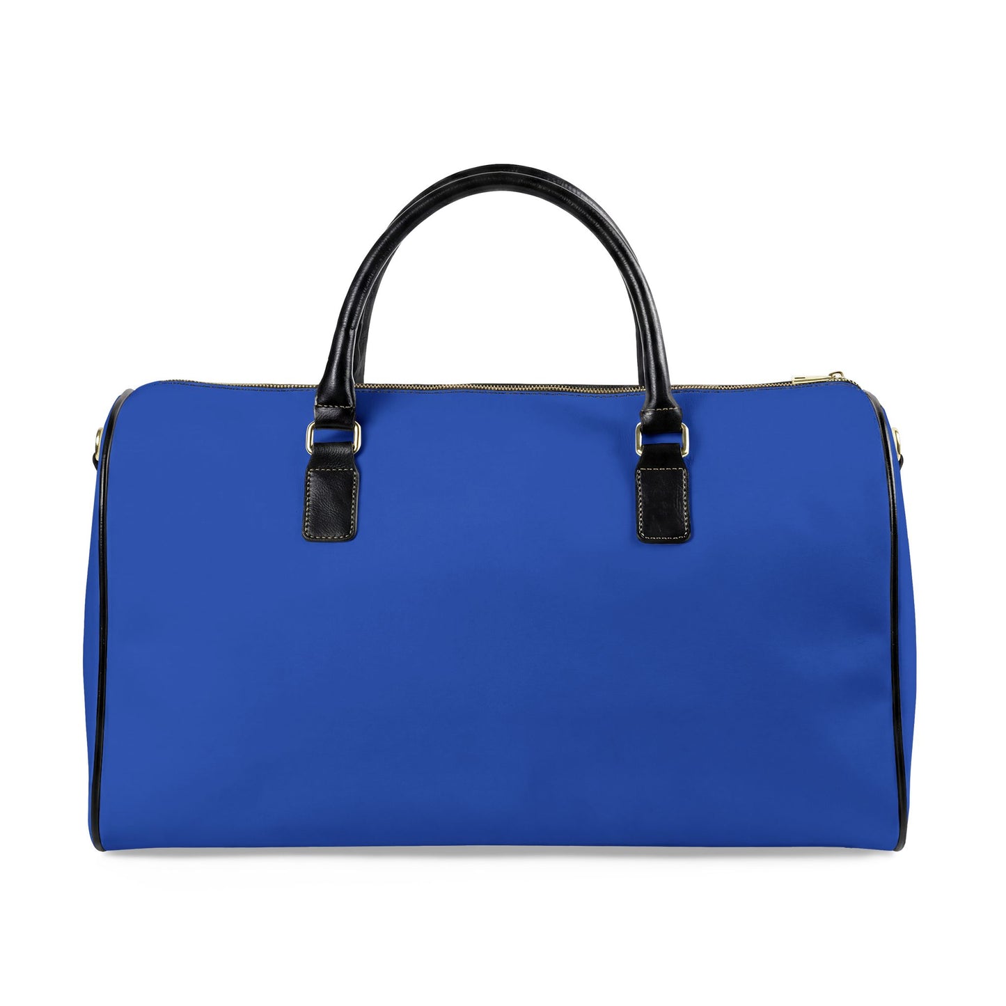Blue duffel bag with black handles on a white background