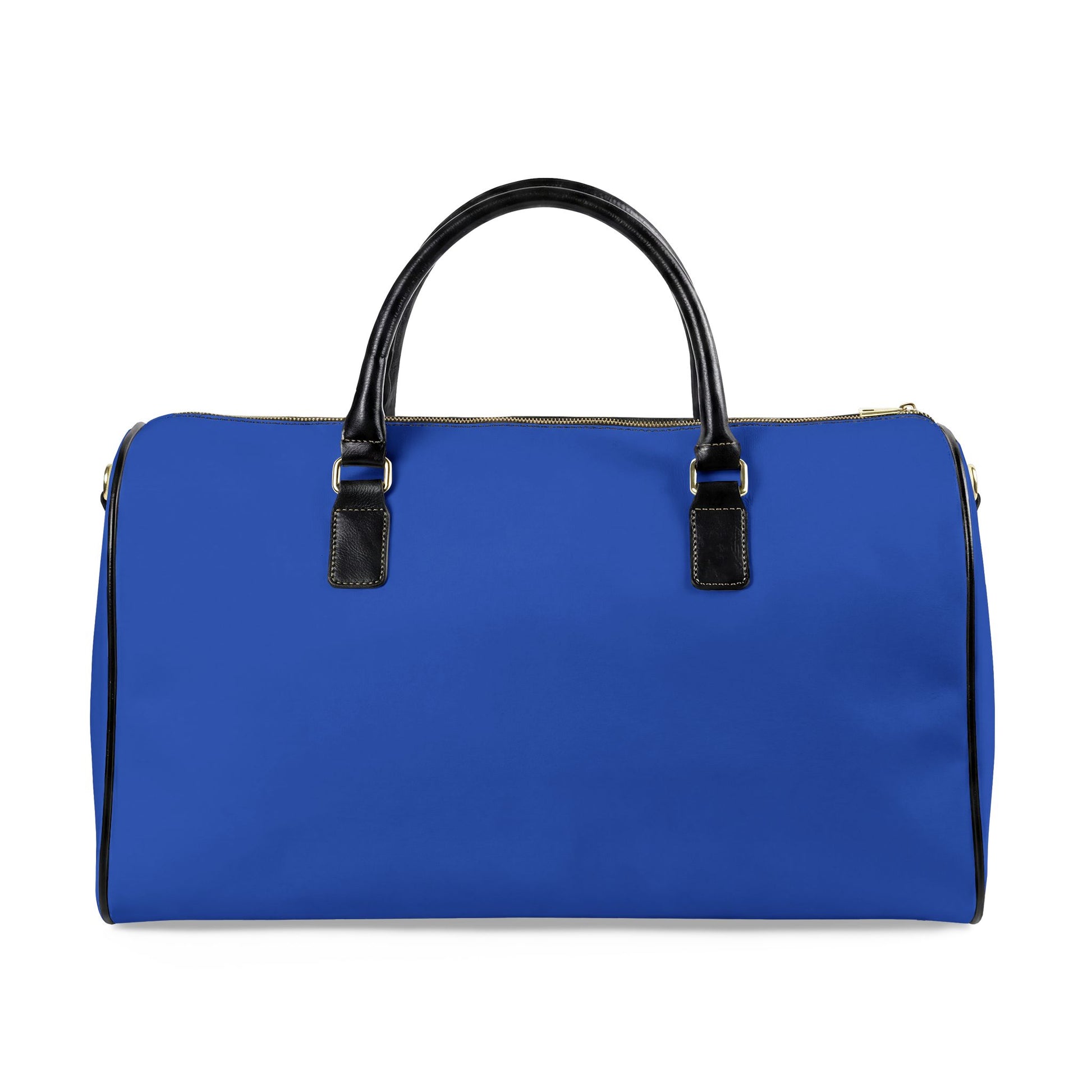 Blue duffel bag with black handles on a white background