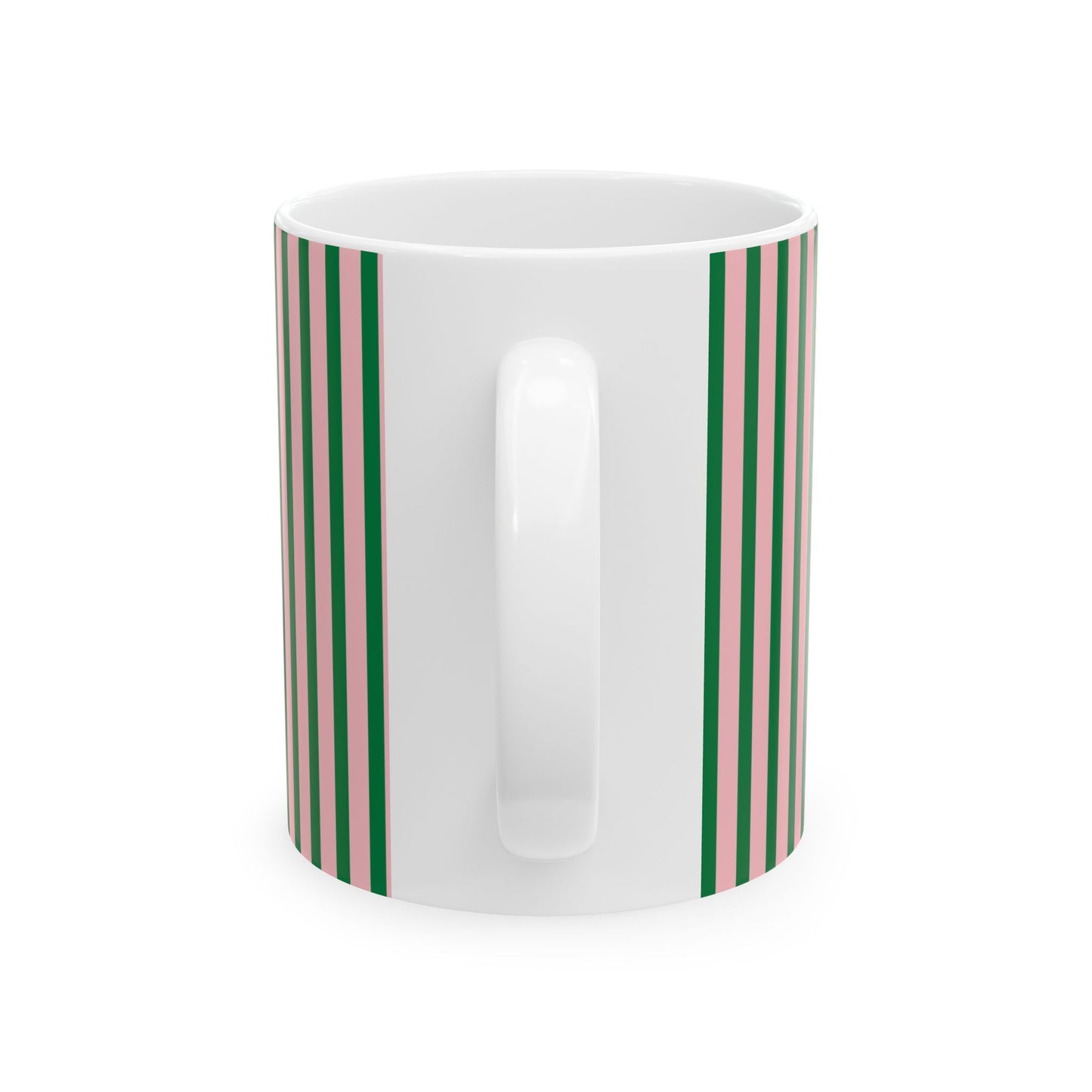A white ceramic mug with a vertical striped pattern of green and light pink stripes on the sides, shown against a plain white background.