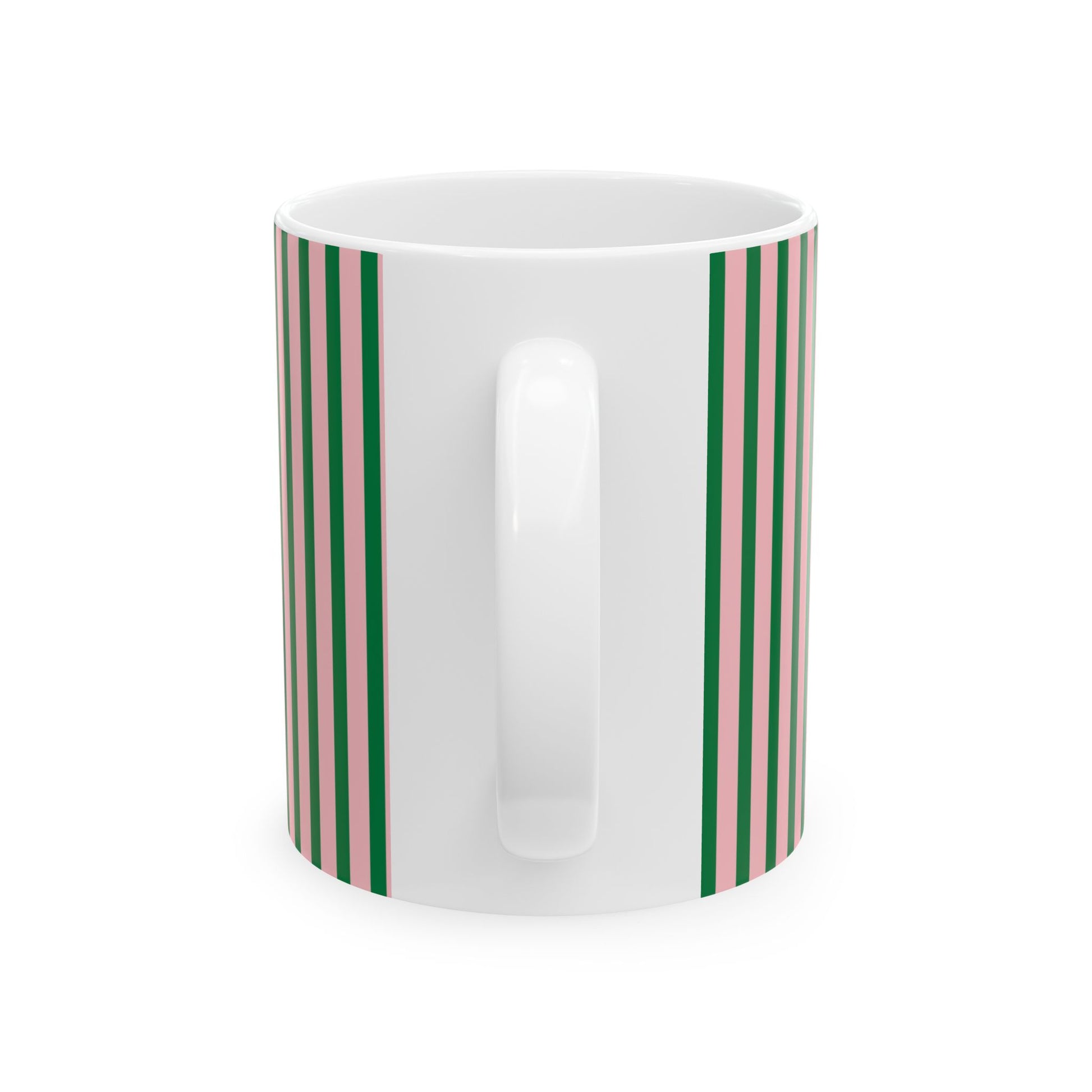 A white ceramic mug with a vertical striped pattern of green and light pink stripes on the sides, shown against a plain white background.