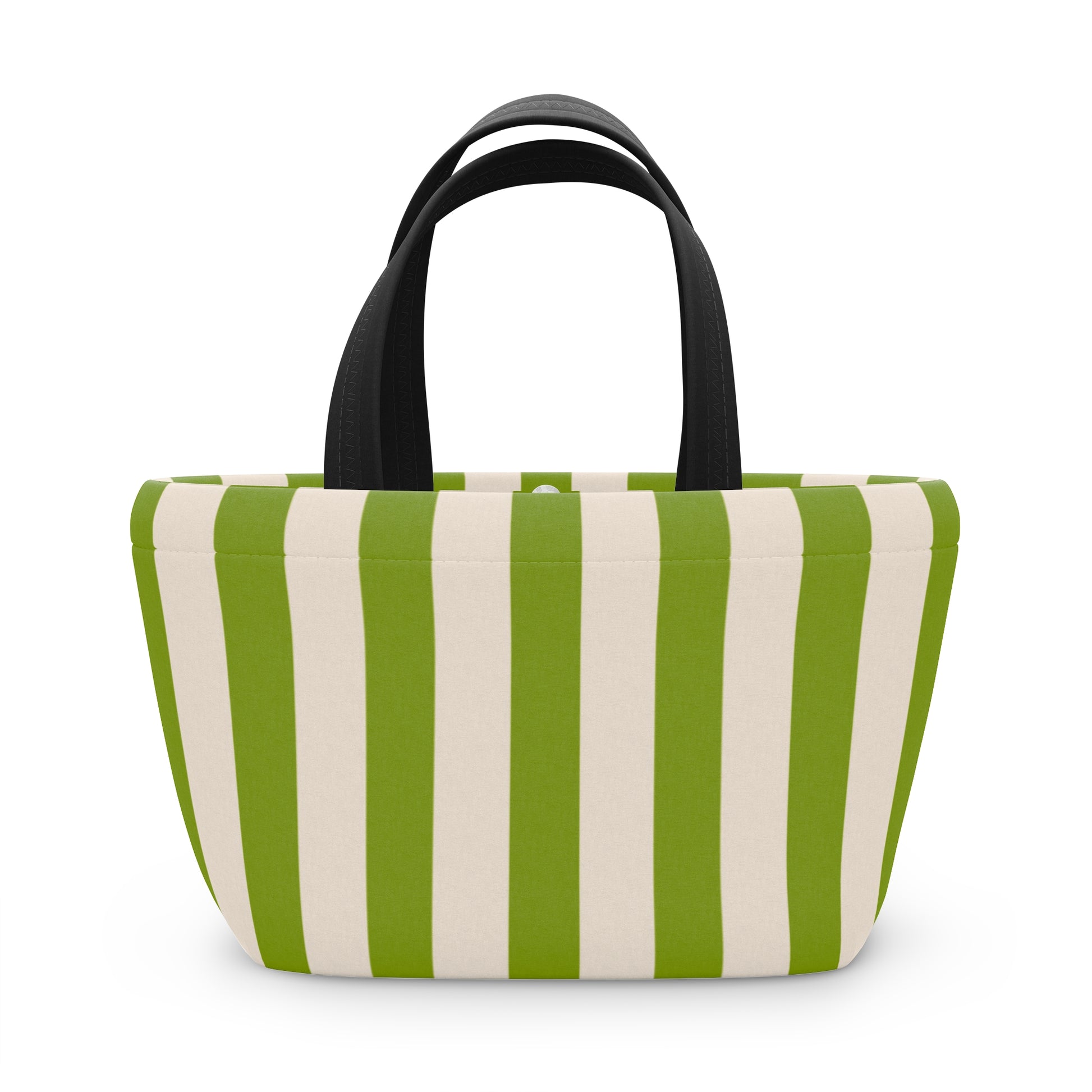 Green and white striped tote bag with black handles on a white background
