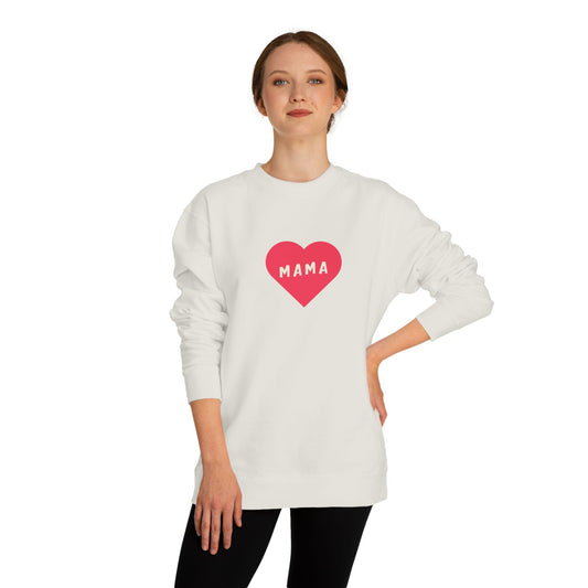 Woman wearing a white sweatshirt with a pink heart and 'MAMA' text on a white background