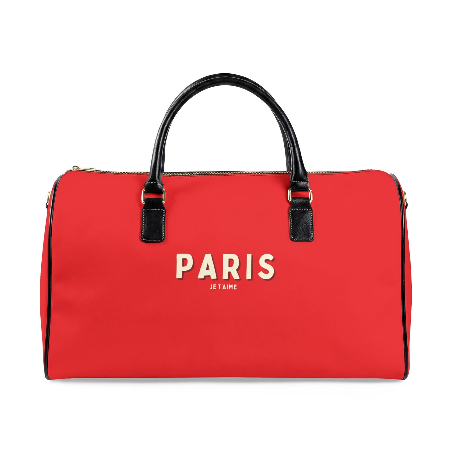 Red duffel bag with 'PARIS' text on a white background