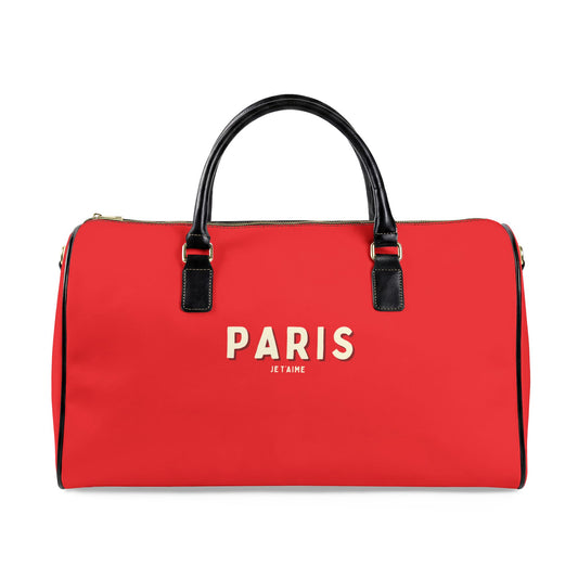 Red duffel bag with 'PARIS' text on a white background